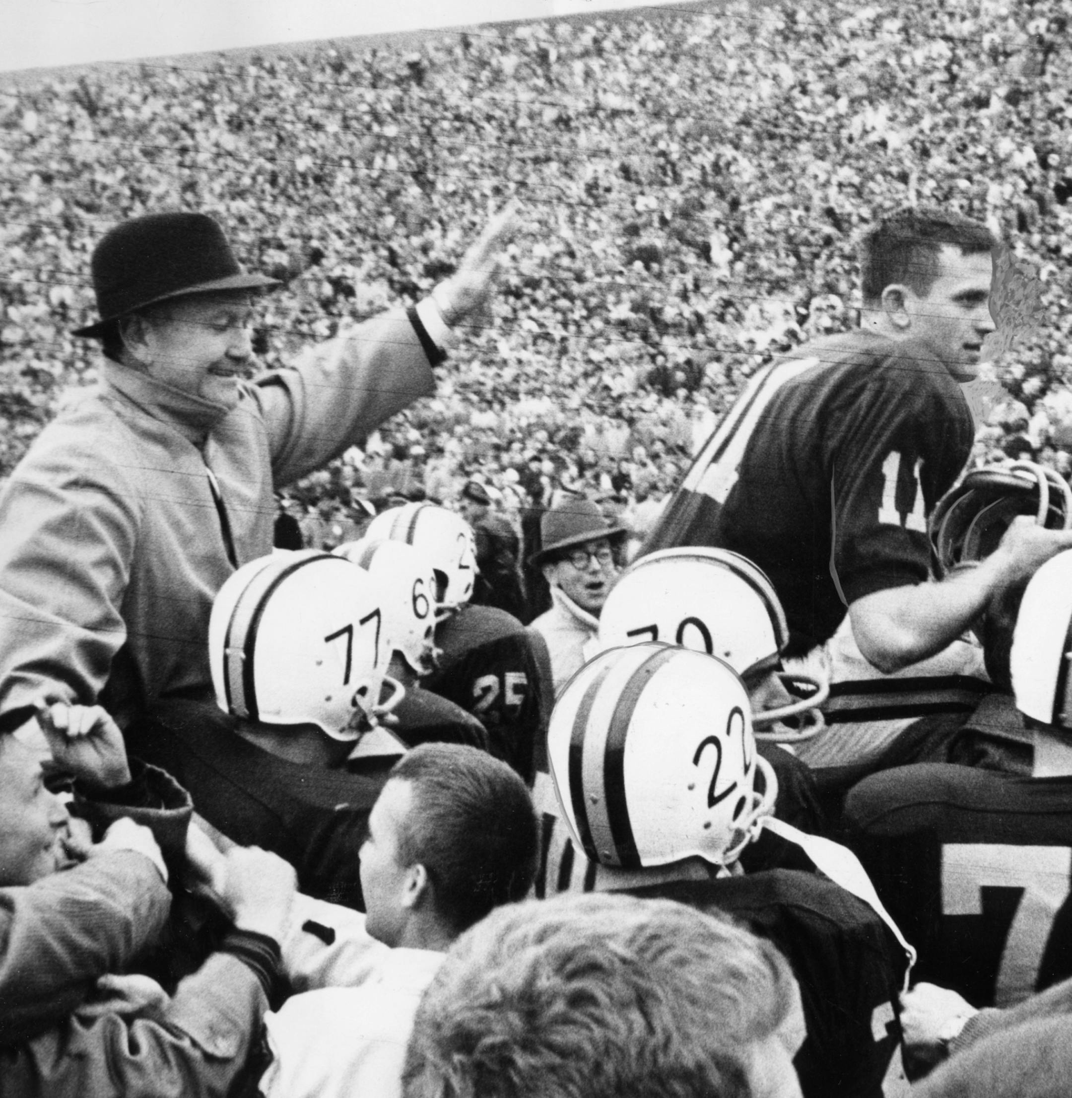 Gopher football defeats No. 1 Iowa 27-10 on 11/5/60, propelling the Gophers on to the Rose Bowl.