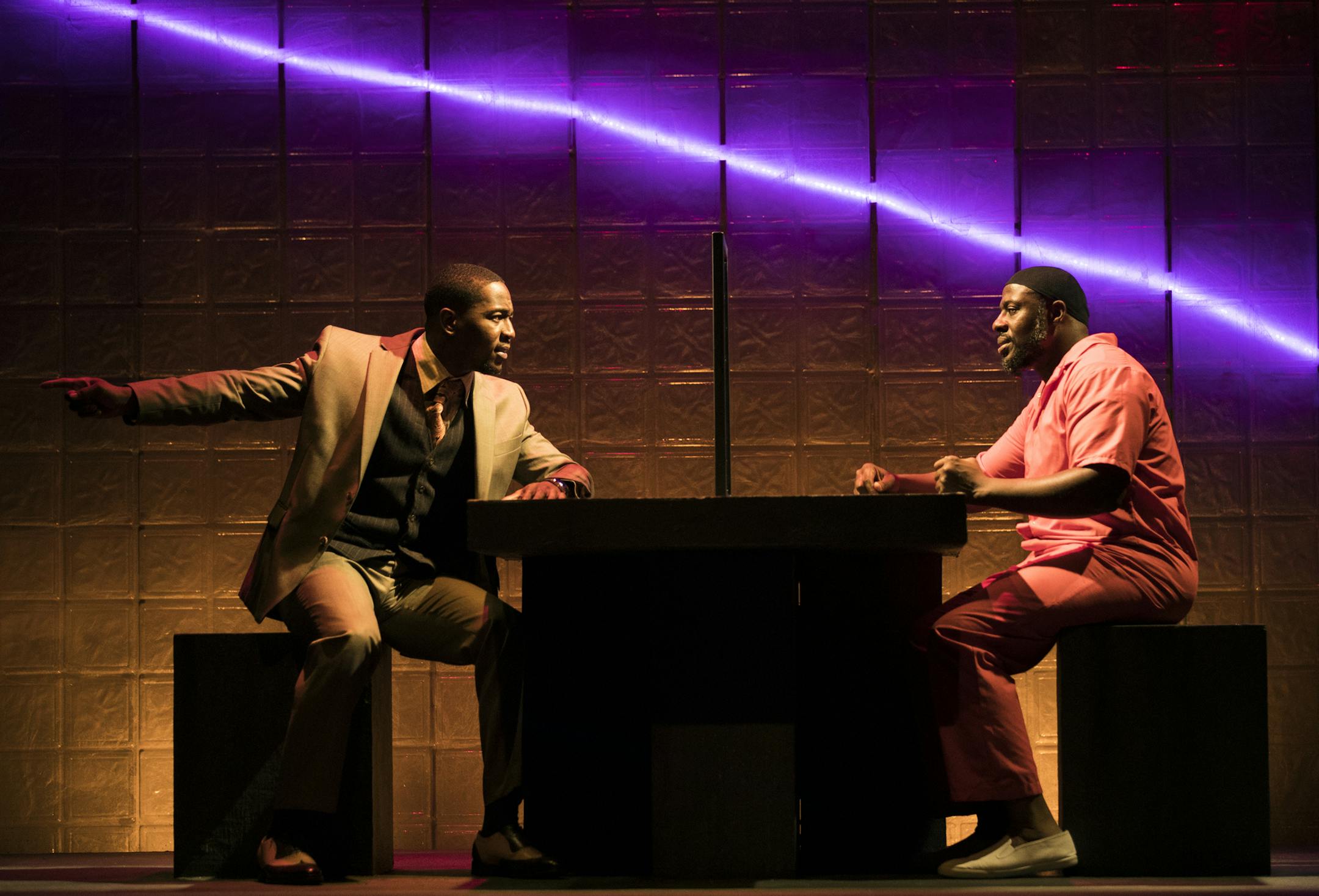 Ansa Akyea, right, as "Bilal" and Darius Dotch as "Eric" rehearse the play "Bars and Measures." ] (Leila Navidi/Star Tribune) leila.navidi@startribune.com BACKGROUND INFORMATION: Rehearsal for "Bars and Measures" at the Jungle Theater in Minneapolis on Tuesday, August 23, 2016.