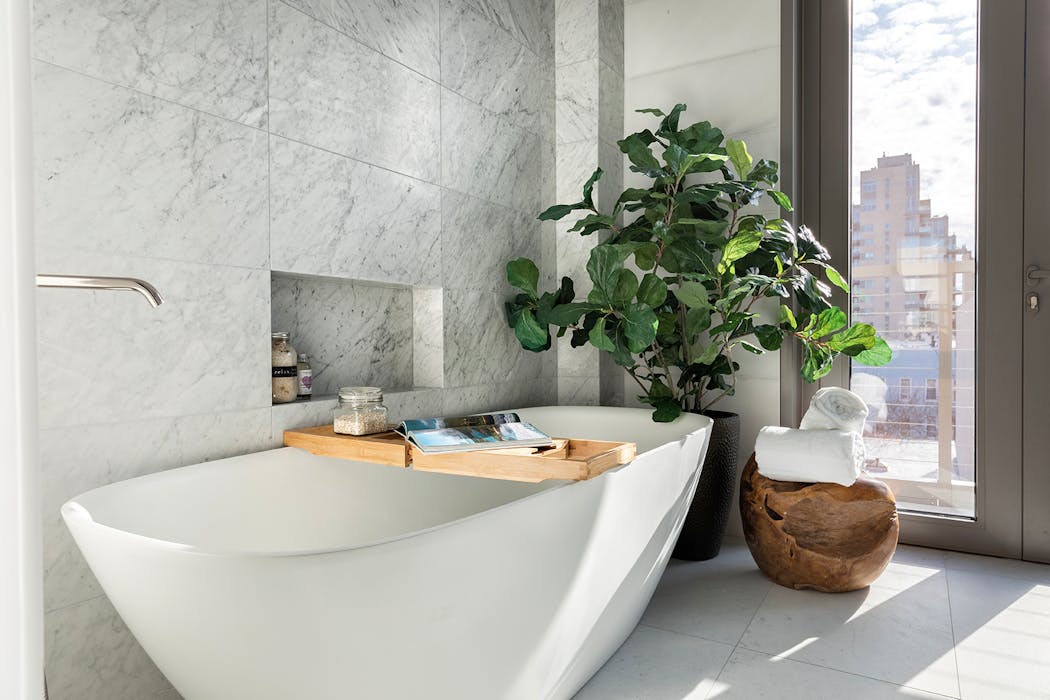 Greenery in this bathroom helps to create a spa feel.