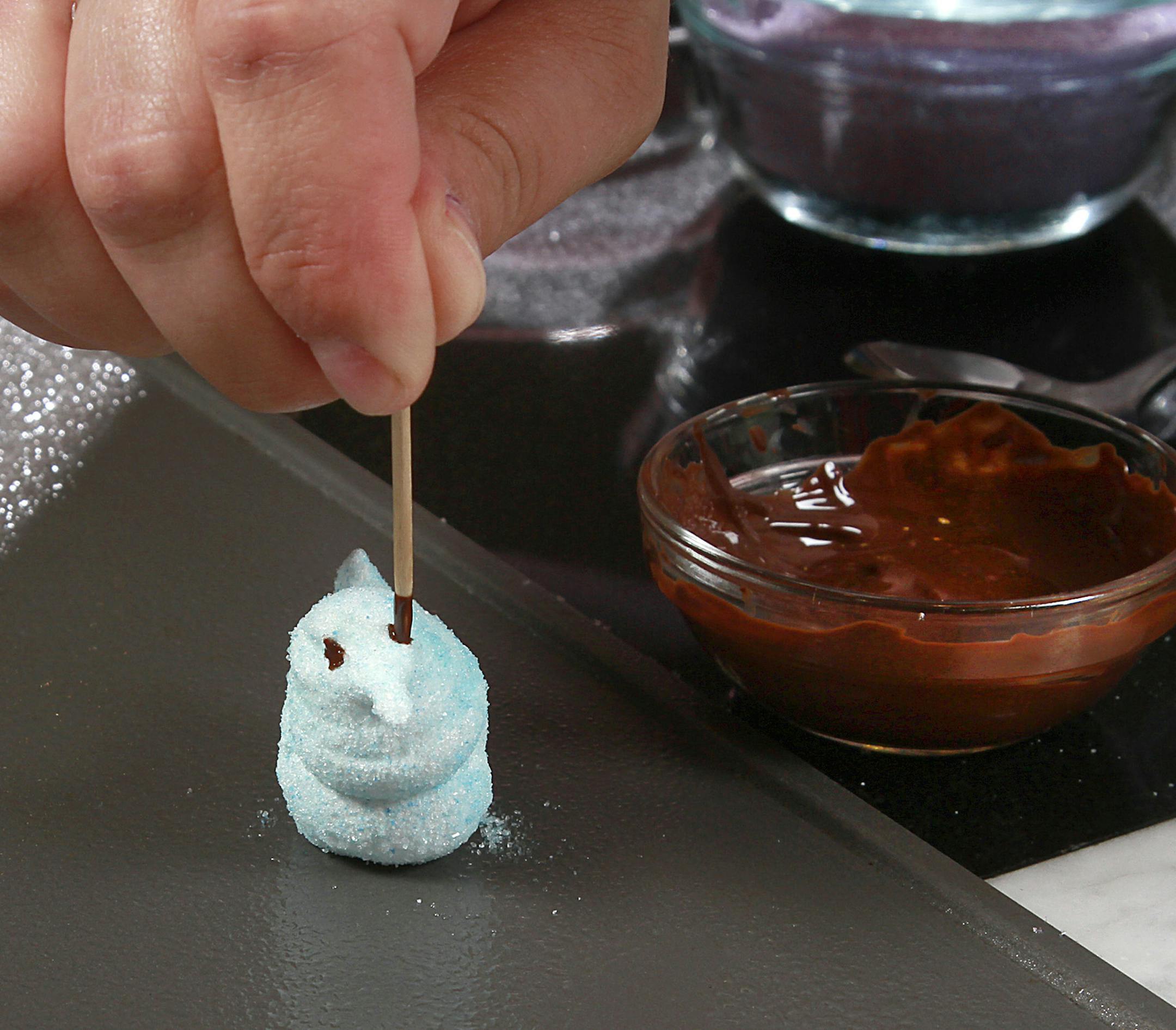 In making homemade Peeps, marshmallow candies that are shaped into chicks, bunnies, and other animals, you can use chocolate for the eyes on chick. (Kirk McKoy/Los Angeles Times/MCT)