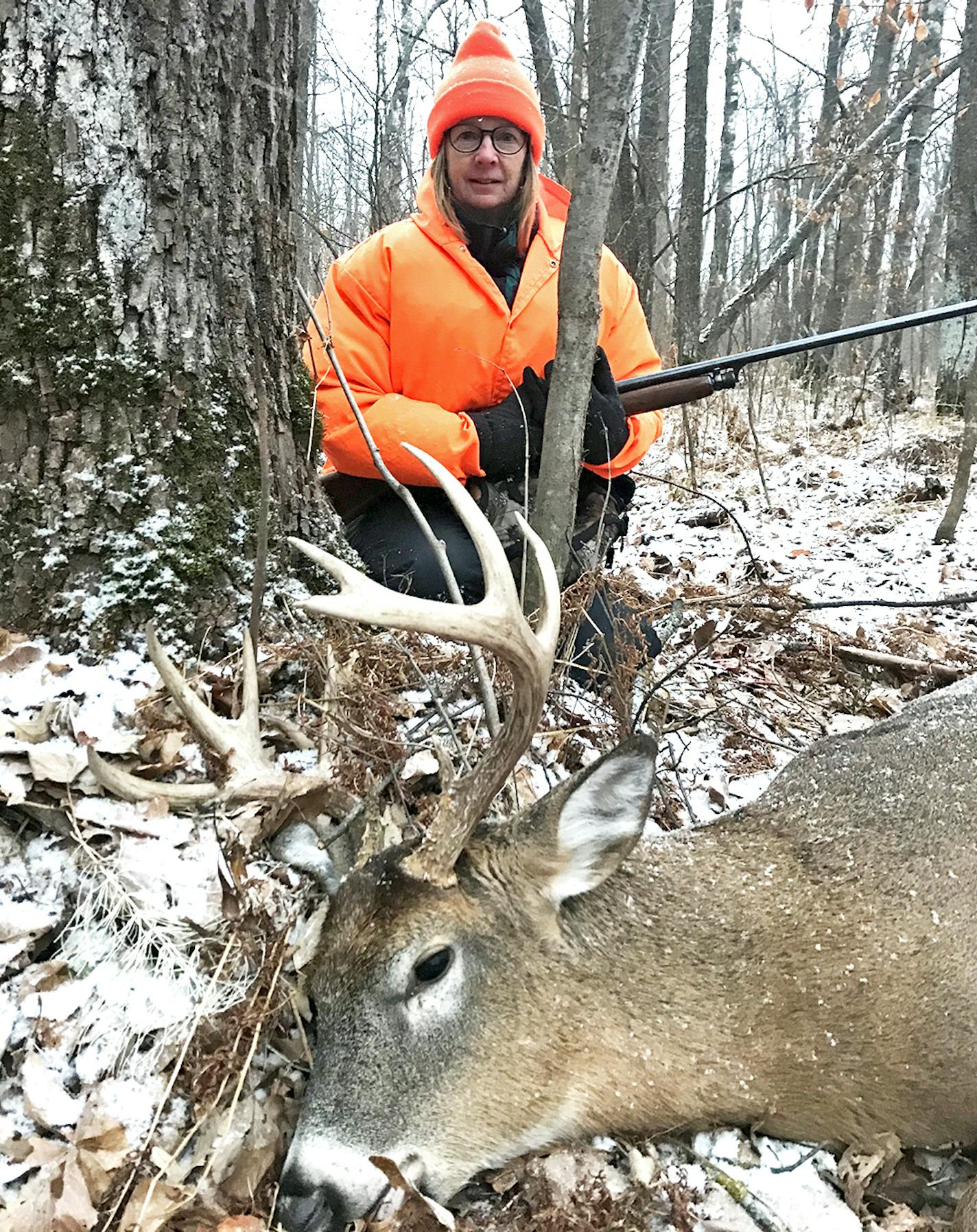 Ann Jackson of Minneapolis had never fired a shot in 28 years of deer hunting on her mother's land near Twin Valley, Minn. The streak ended Sunday when this 10-pointer got too close. She was facing into the wind, seated in an open tripod stand 11 feet off the ground.