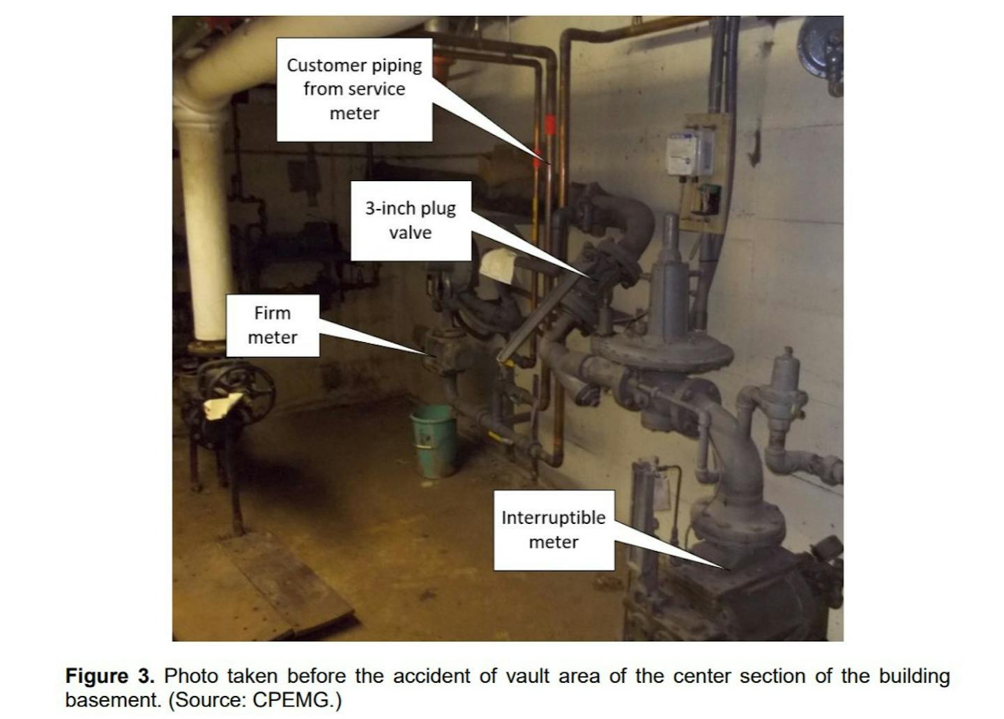 A photo taken before the blast shows the valve system where the gas leak originated.