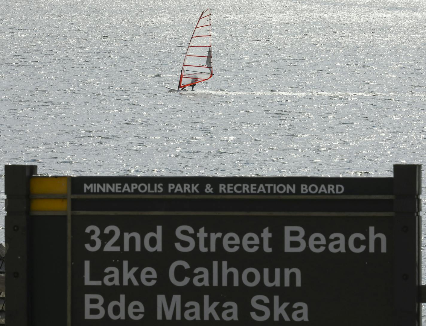 A windsurfer on Lake Calhoun Wedneday afternoon. ] JEFF WHEELER &#xef; jeff.wheeler@startribune.com The Minneapolis Park Board will take its final vote Wednesday evening, May 2, 2017 on changing Lake Calhoun's name to Bde Maka Ska. ORG XMIT: MIN1705031645250117