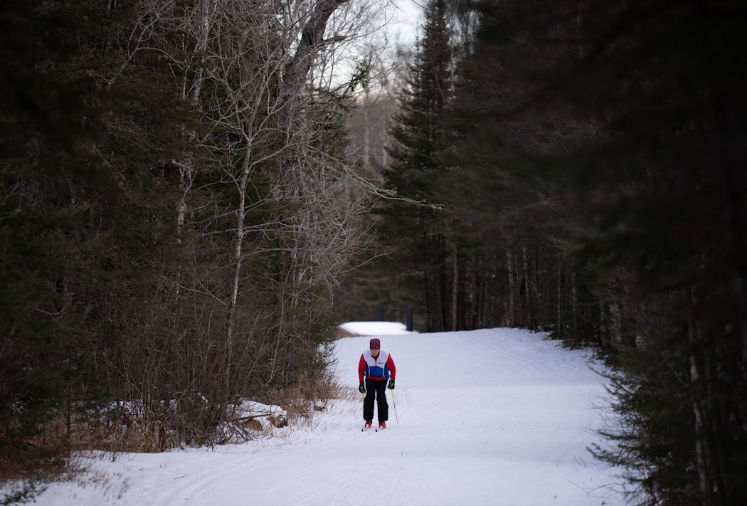 Cross-country skier Tim Nelson of Arden Hills took on the Sugarbush Ski Trail on Sunday near Lutsen, Minn. Nelson said the trail was the only one in the area with sufficient snow for skiing. 
