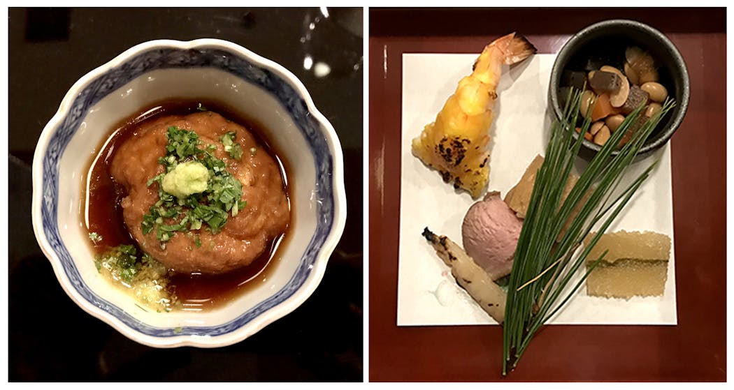 Course 1: Hiryuzu tofu; Course 2: Prawn duck breast inari sushi