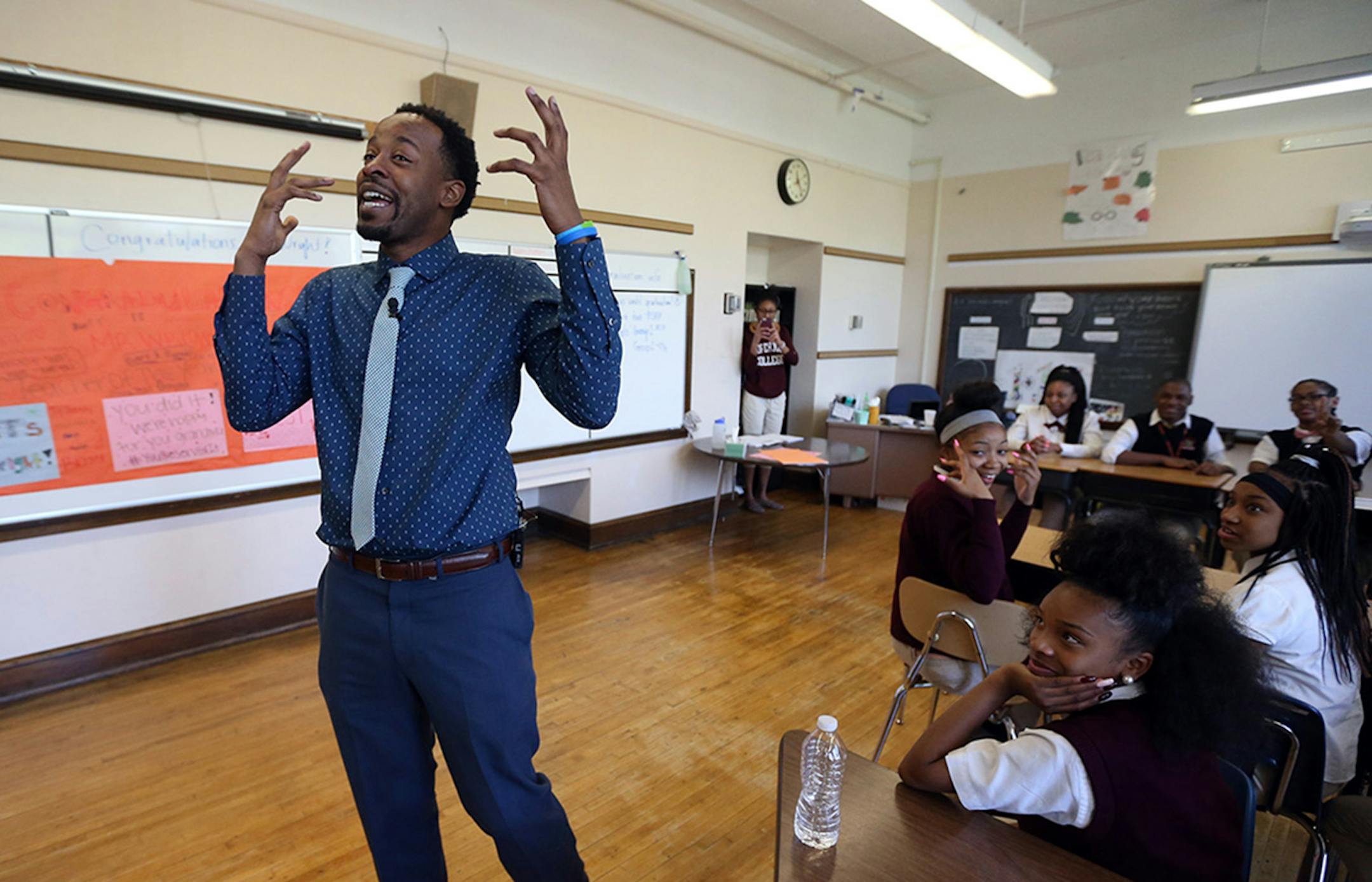 Language arts teacher Abdul Wright returned to his class at Best Academy in Minneapolis after winning the 2016 Minnesota Teacher of the Year award.