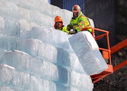 The 2018 St. Paul Winter Carnival Ice Palace is coming down, one 500 pound block at a time. Construction crews began de-constructing the Ice Palace on
