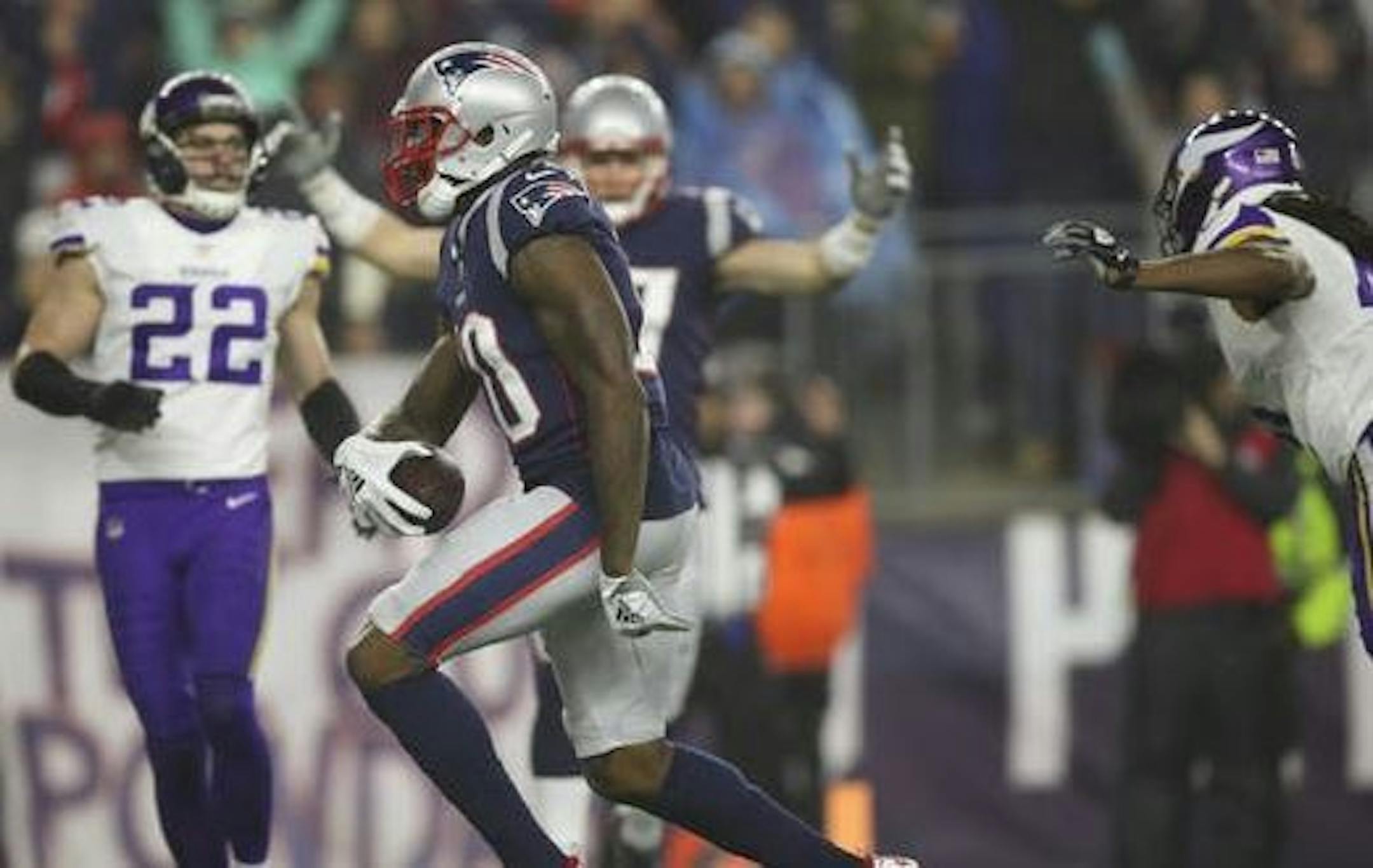 Patriots wide receiver Josh Gordon entered the end zone after a 24 yard touchdown reception of a Tom Brady pass in the third quarter. It was Brady's 508th career touchdown pass.