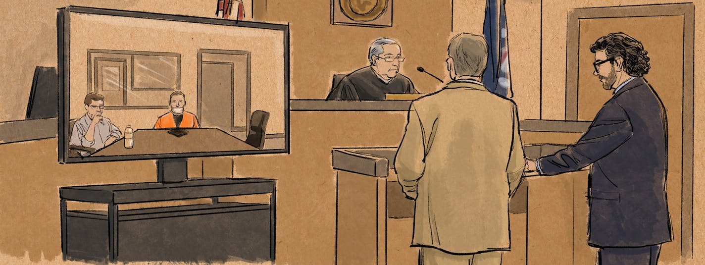 Ex-officer Derek Chauvin appeared via video monitor in his appearance in Hennepin County court. At the podium at left is Assistant Attorney General Matthew Frank and to the right is Chauvin's defense attorney Eric Nelson. Judge Peter Cahill presided. (Sketch by Cedric Hohnstadt)