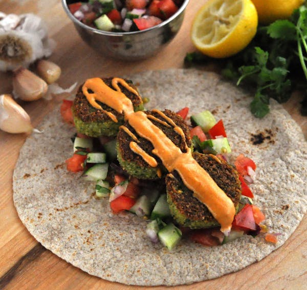 Falafel Wraps with Tomato-Cucumber Salsa and Spicy Tahini Sauce