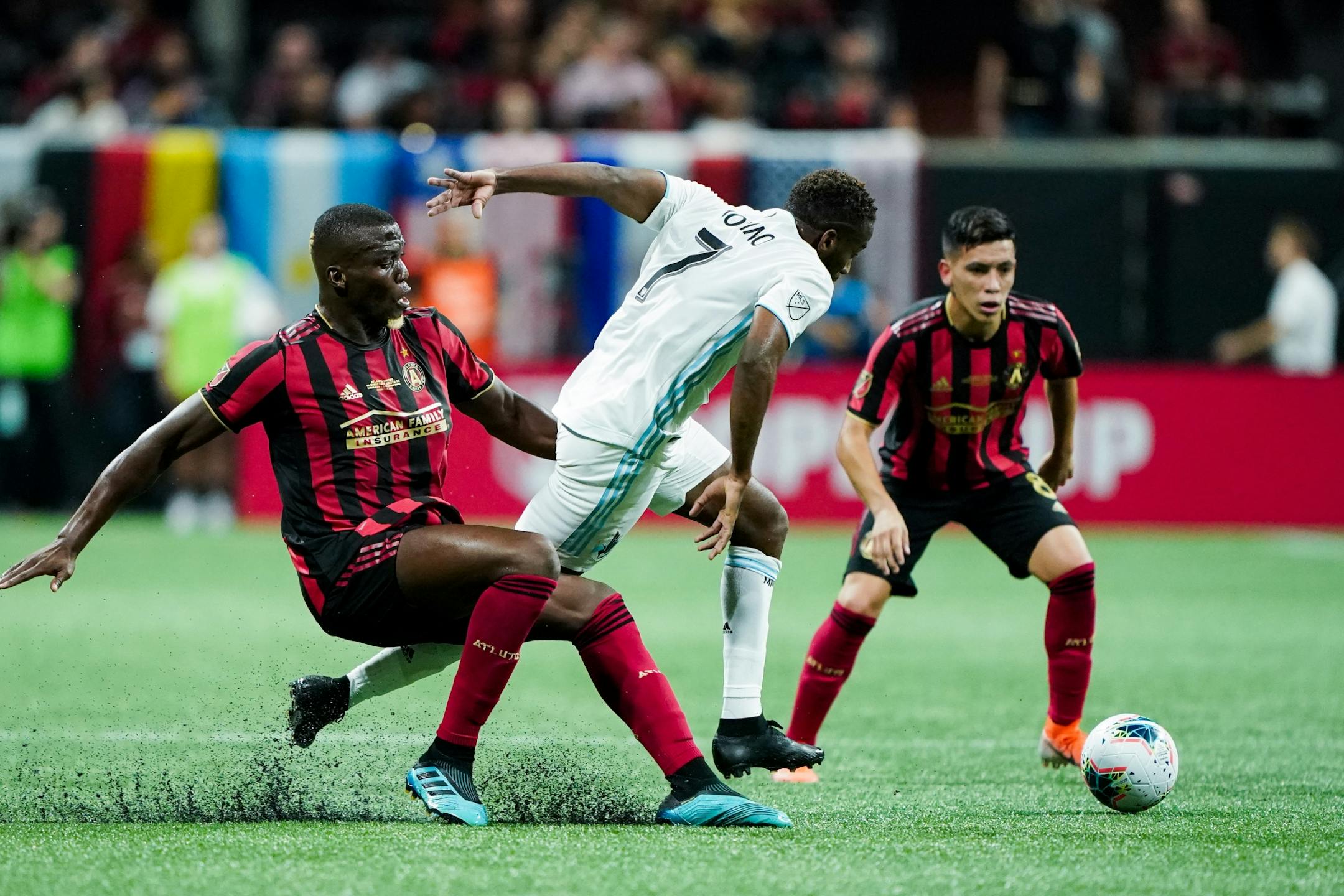 Minnesota United midfielder Kevin Molino (7) battles for the ball during the U.S. Open Cup at Mercedes-Benz Stadium in Atlanta on Tuesday, Aug. 27, 2019. Photo by Kevin D. Liles for the Star Tribune