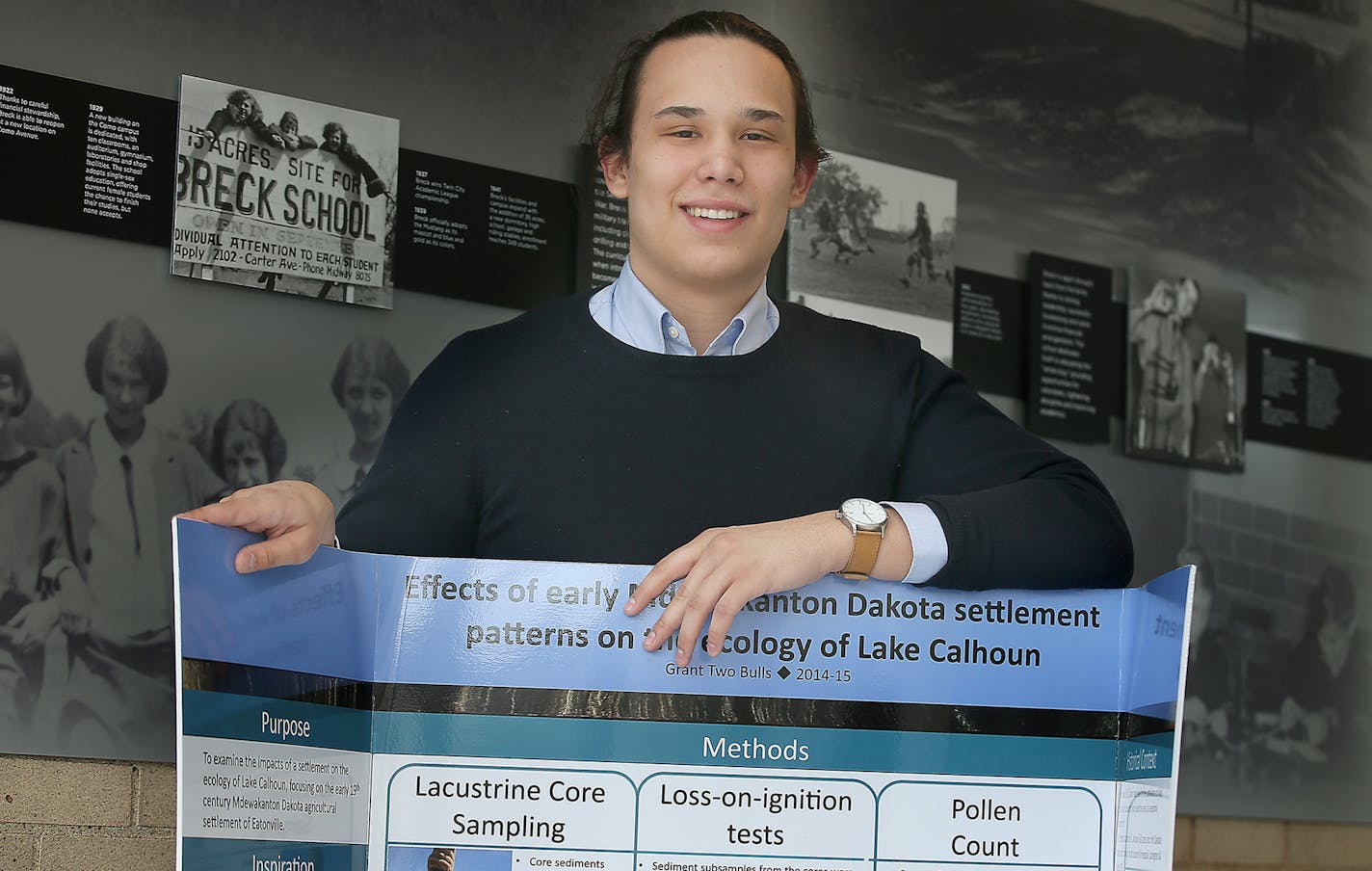 Grant Two Bulls showed off his winning project at Breck High School, Thursday, March 12, 2015 in Golden Valley, MN. Grant Two Bulls, a senior at Breck recently won the American Indian Science Fair. For his project, he sampled sediment from Lake Calhoun to discover evidence of a former Indian encampment. ] (ELIZABETH FLORES/STAR TRIBUNE) ELIZABETH FLORES &#x2022; eflores@startribune.com