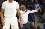 Minneapolis North Polars head coach Larry McKenzie reacts after a whistle in the first half, Saturday, March 26, 2022 in Minneapolis, Minn. Minneapoli