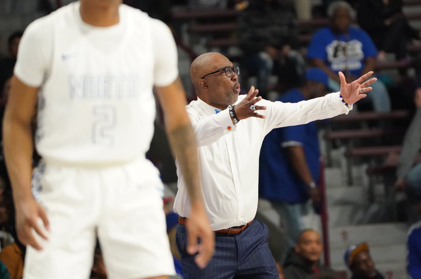 Minneapolis North Polars head coach Larry McKenzie reacts after a whistle in the first half, Saturday, March 26, 2022 in Minneapolis, Minn. Minneapolis North played Annandale in the boys' 2A state basketball championship. ] SHARI L. GROSS • shari.gross@startribune.com