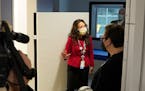 Dr. Gigi Chawla, chief of general pediatrics at Children's Minnesota, stood next to a breakaway door to a bathroom in a patient's room during a tour o