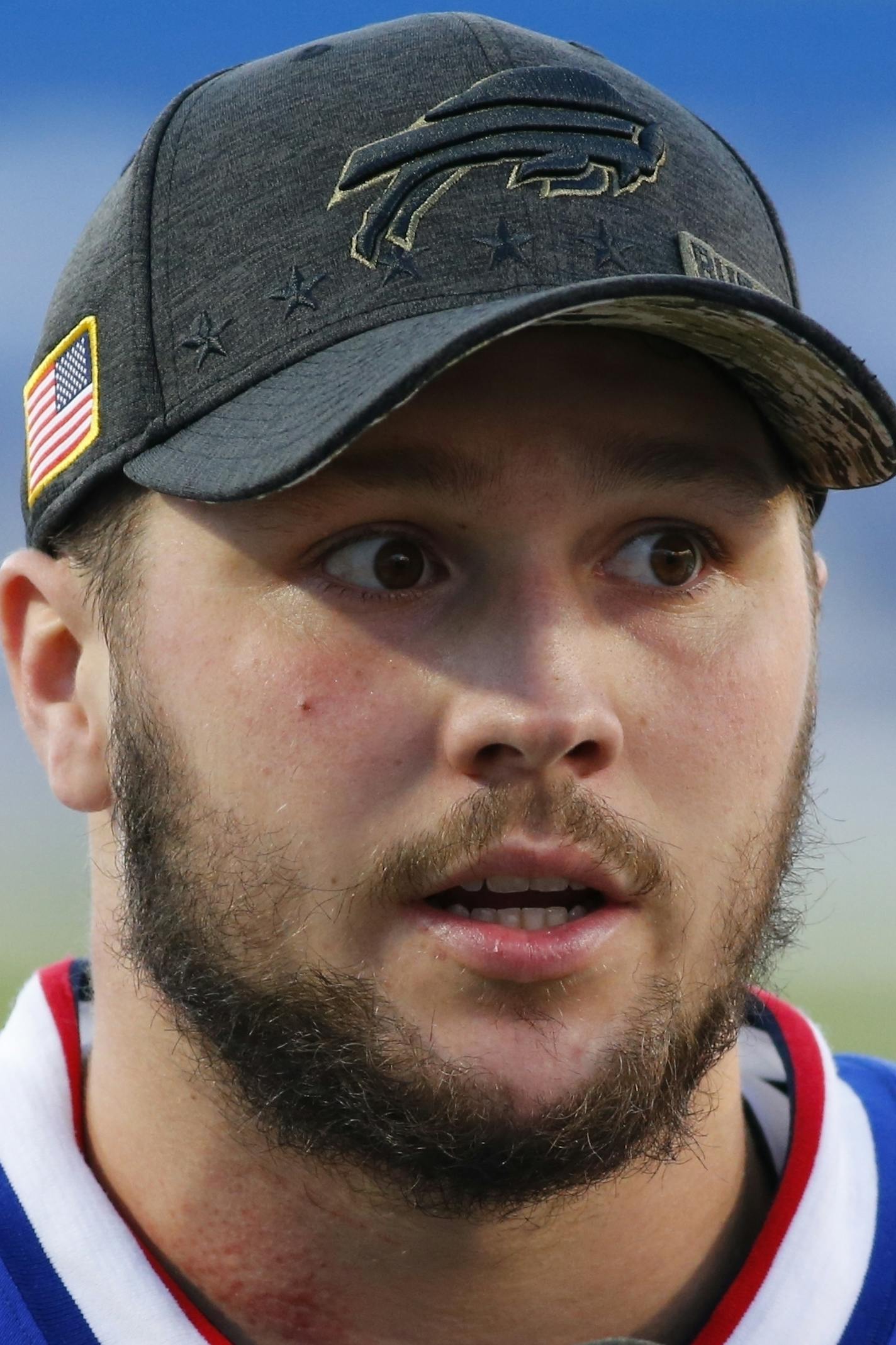 Buffalo Bills' Josh Allen (17) speaks during an interview after an NFL football game against the Seattle Seahawks Sunday, Nov. 8, 2020, in Orchard Park, N.Y. The Bills won 44-34. (AP Photo/Jeffrey T. Barnes) ORG XMIT: NYFF1