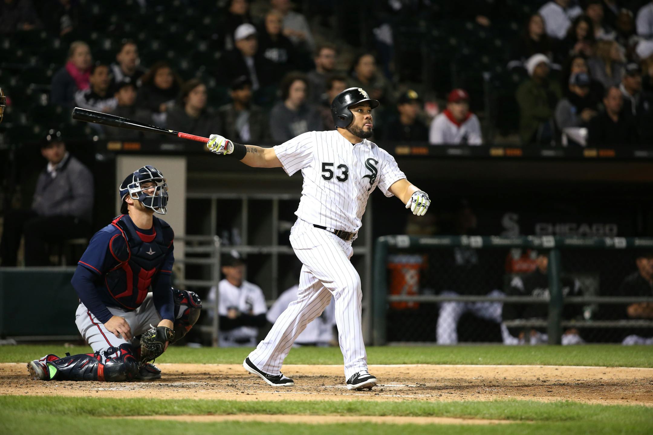 Chicago White Sox batter Melky Cabrera hits a three-run home run in the fifth inning against the Minnesota Twins at Guaranteed Rate Field in Chicago on Thursday, May 11, 2017.