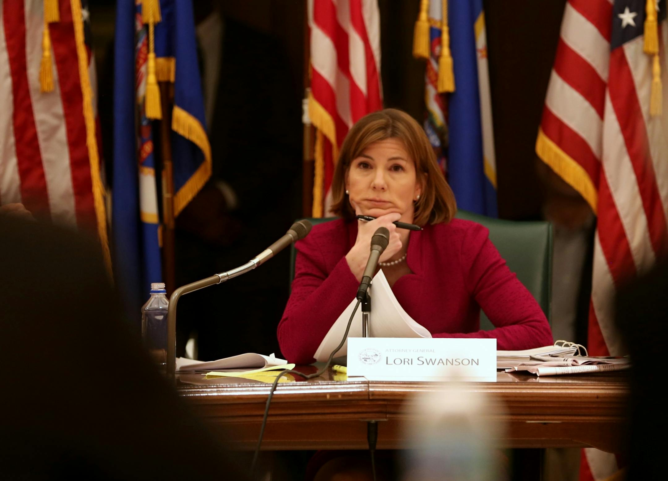 Attorney general Lori Swanson listened to testimony from Sanford Health representatives on the proposed takeover of the University of Minnesota Medical Center and Fairview Health Systems by South Dakota's Sanford Health during a hearing at the Minnesota State Capitol on Sunday, April 7, 2013, in St. Paul, Minn.