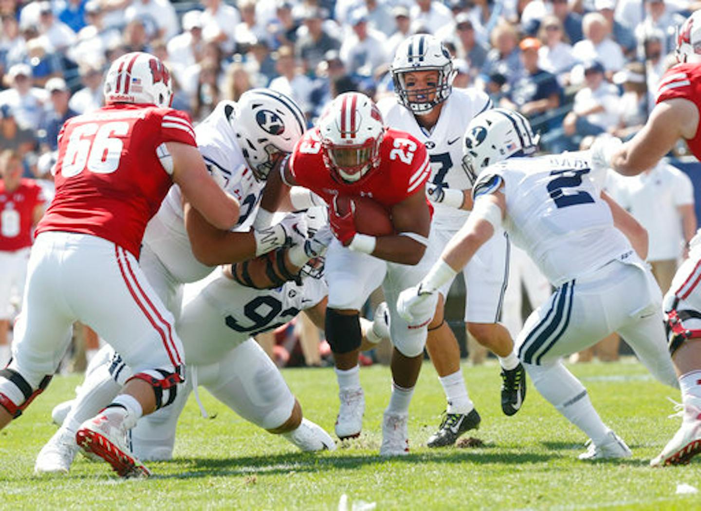 Wisconsin running back Jonathan Taylor (23) breaks a tackle in the first half during an NCAA college football game against BYU, Saturday, Sept. 16, 2017, in Provo, Utah. (AP Photo/Kim Raff)