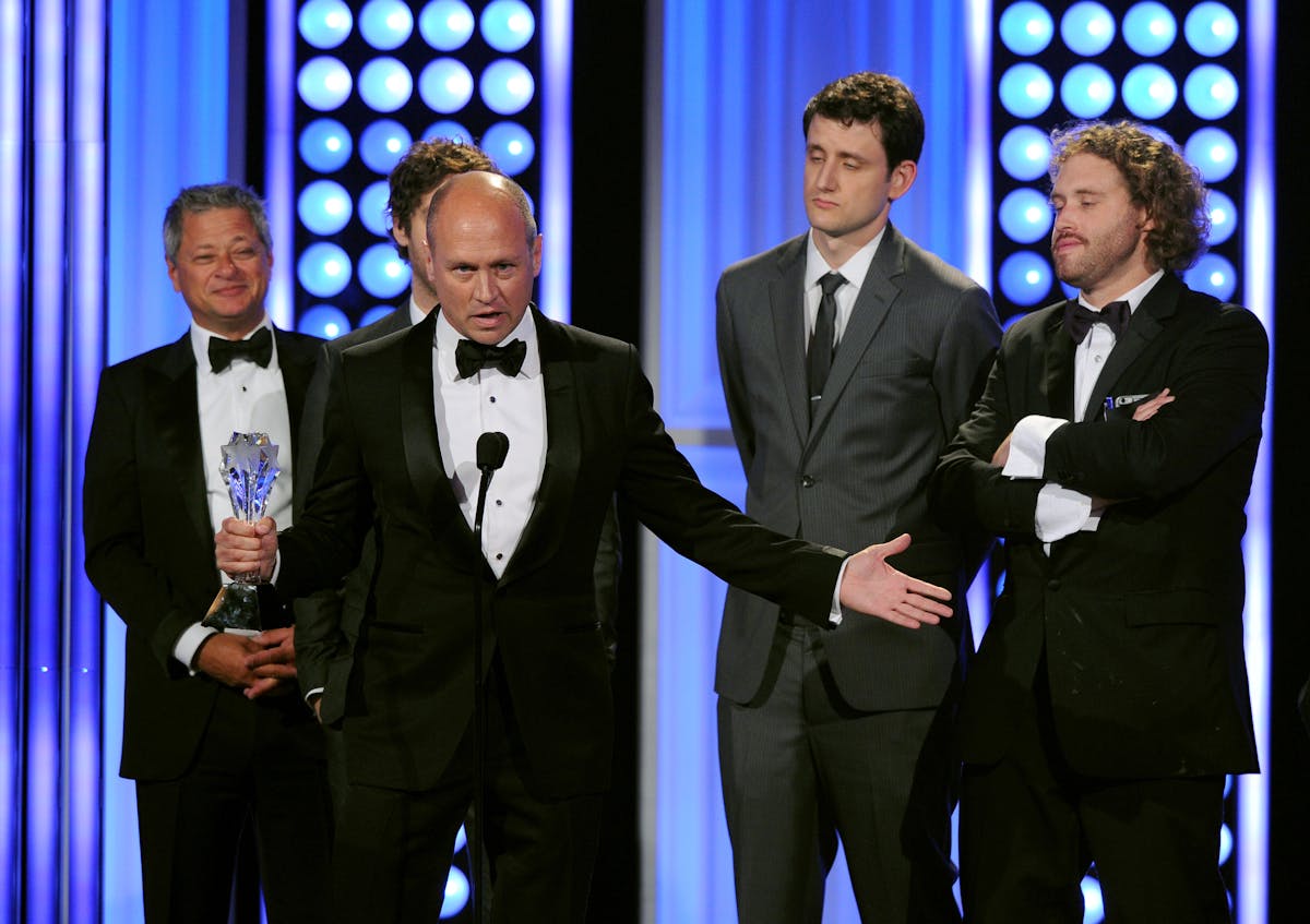 Mike Judge, accepts the award for best comedy series for "Silicon Valley" with the cast and crew at the Critics' Choice Television Awards at the Bever