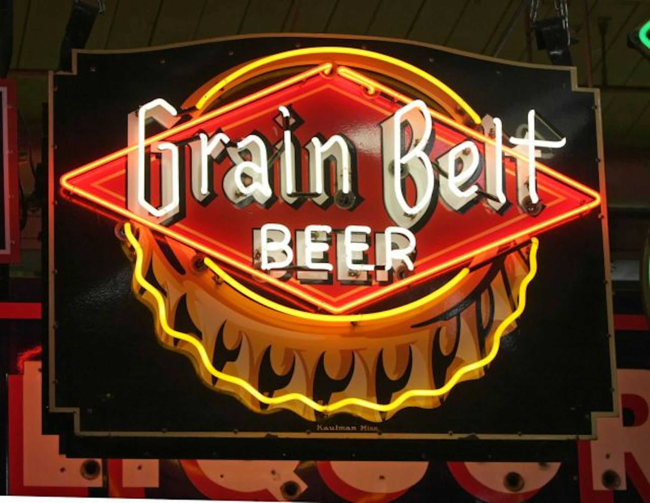 Matt Thompson is a collector of vintage signs, many of which happen to be for brands of beer,- he has a commission to create a scale model of the famous Grain Belt sign on the Henn. Av for a private home. This sign dates from the late 1940's the bottle cap design indicates it was made for the introudction of Grain Belt to the Iowa markets. The sign was made by Kaufman company in Minneapolis.