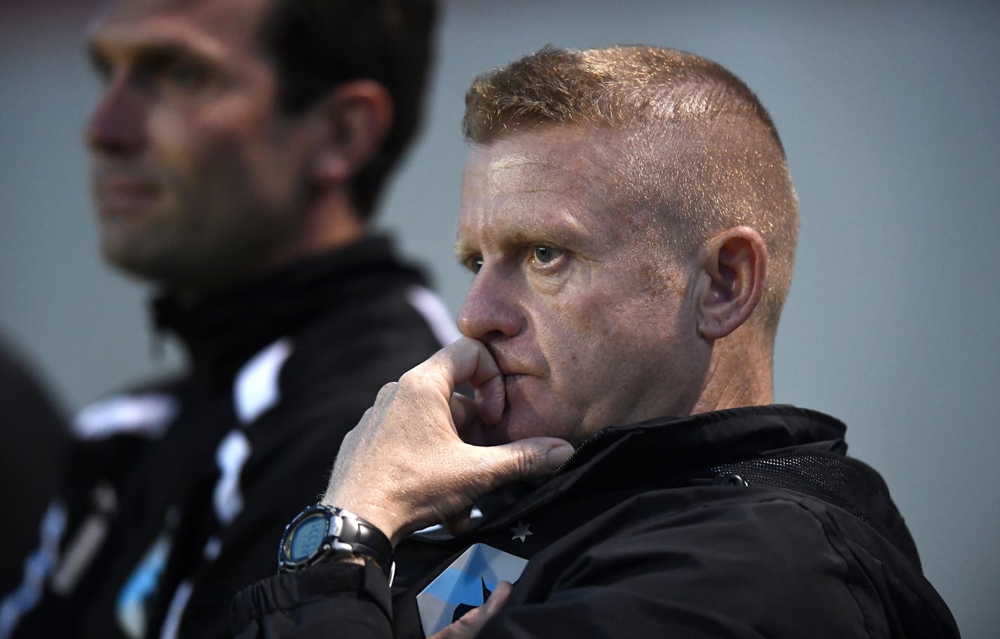 Minnesota United FC head coach Carl Craig watched the final minutes of Saturday night's game to the Tampa Bay Rowdies, which Minnesota lost 2-0. ] (AARON LAVINSKY/STAR TRIBUNE) aaron.lavinsky@startribune.com Minnesota United F.C. played the Tampa Bay Rowdies on Saturday, May 28, 2016 at the National Sports Center in Blaine, Minn.