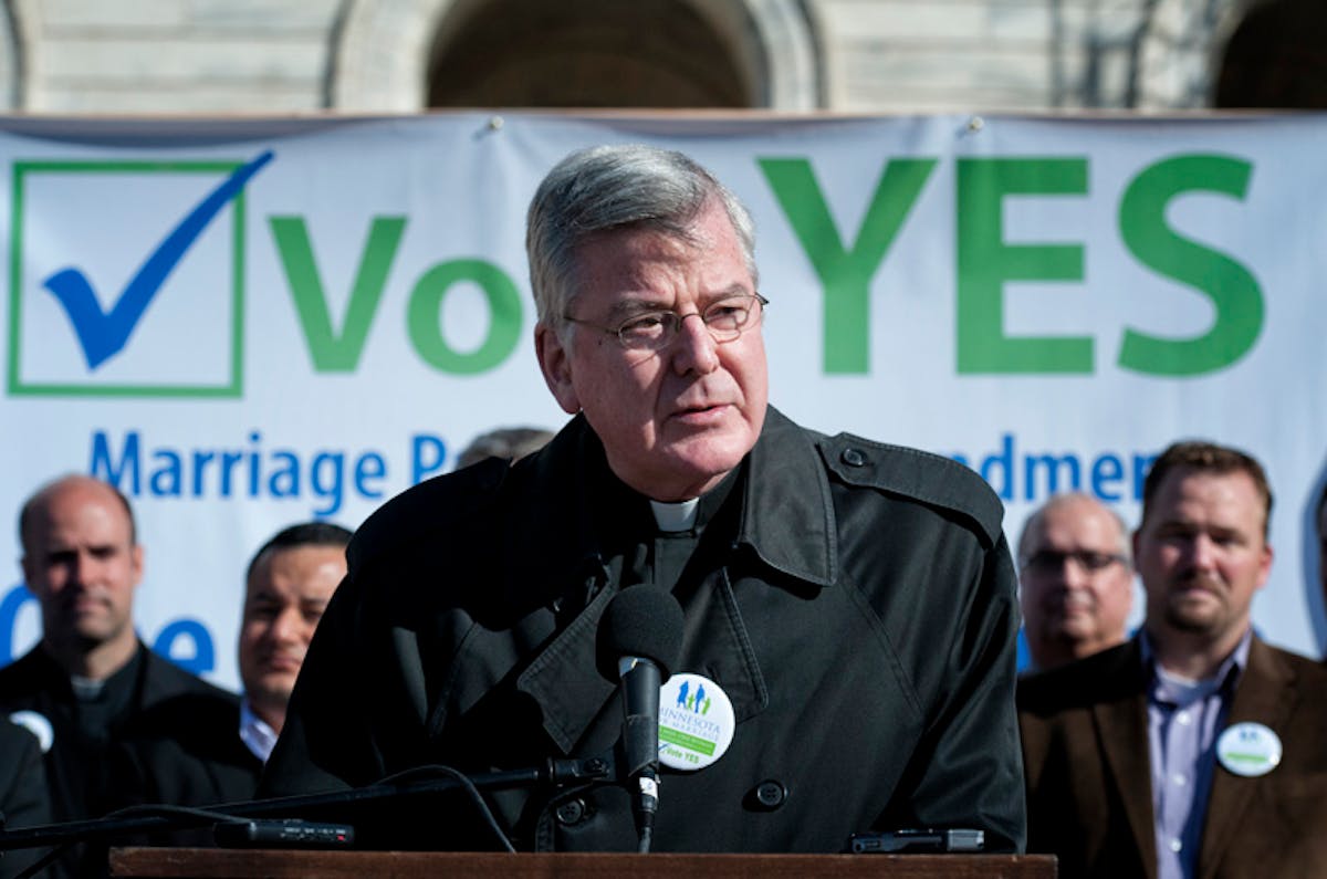 Twin Cities Catholic Archbishop John Nienstedt and several other faith leaders gathered at the state Capitol on September 18, 2012 to speak out in sup
