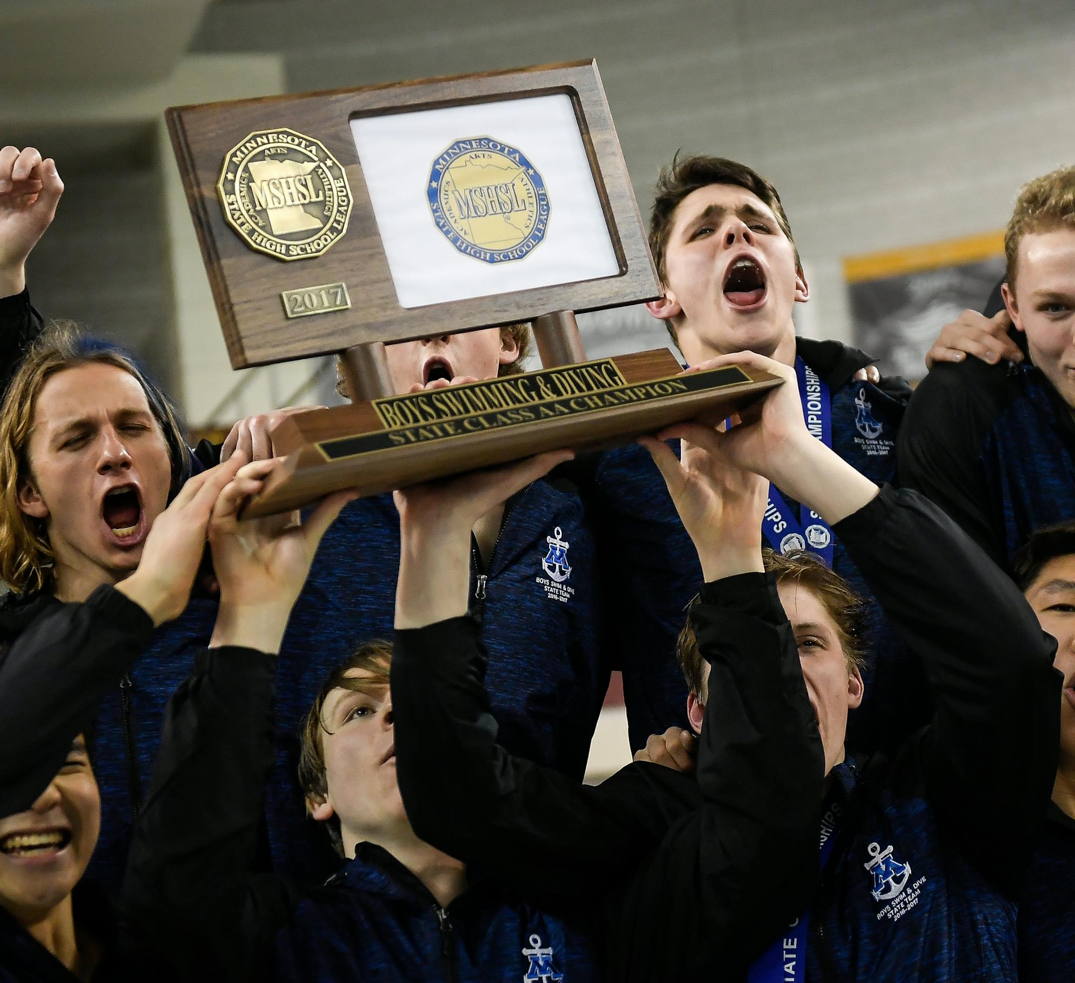 The Minnetonka boys' swim team celebrated their team title Saturday night. ] AARON LAVINSKY ï aaron.lavinsky@startribune.com The 2A boys' state swim individual and team championships were held on Saturday, March 4, 2017 at the University of Minnesota aquatics center in Minneapolis, Minn.