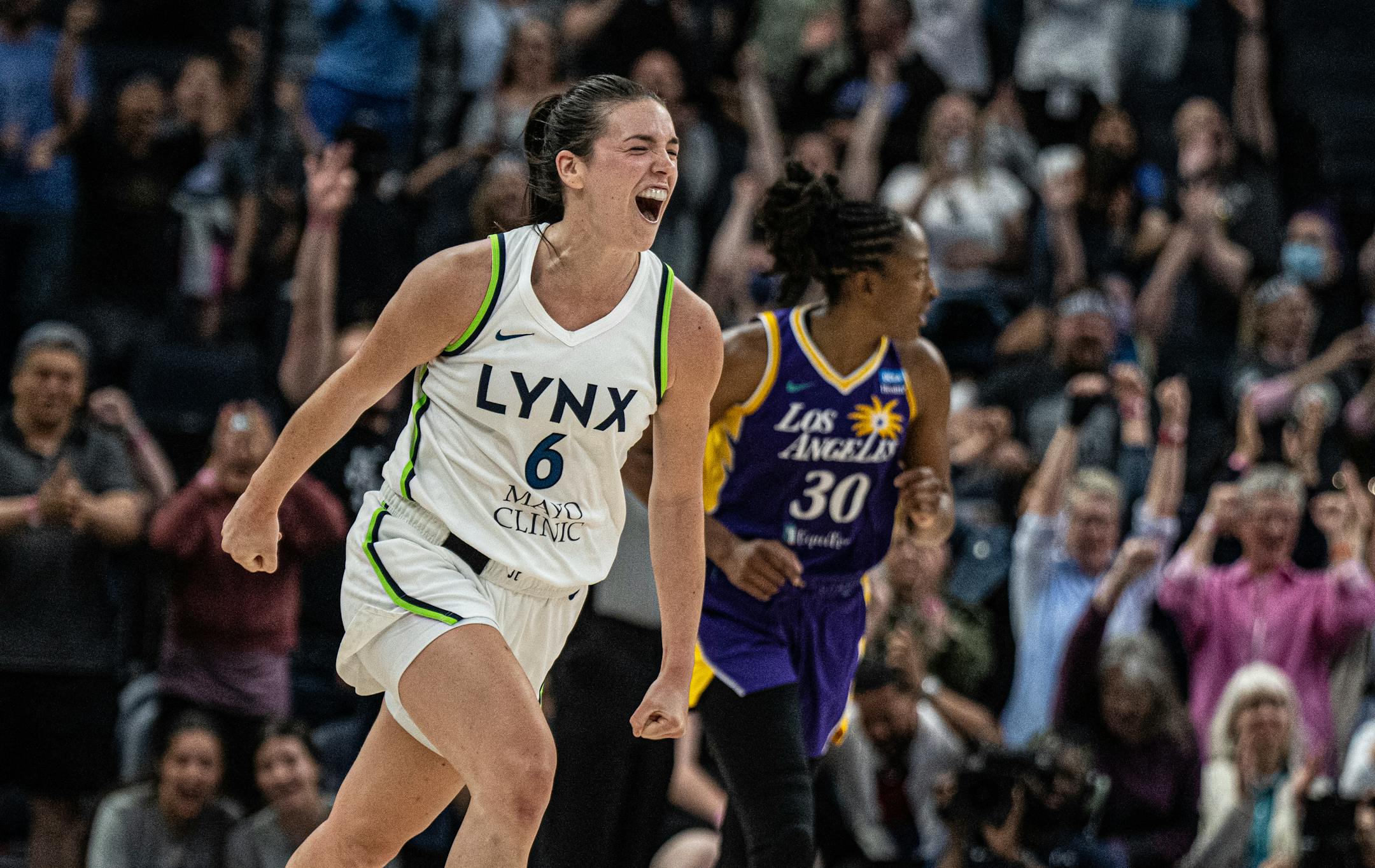 Minnesota Lynx forward Bridget Carleton (6) reacted after she hit a big three pointer late in the 4th quarter Sunday night.