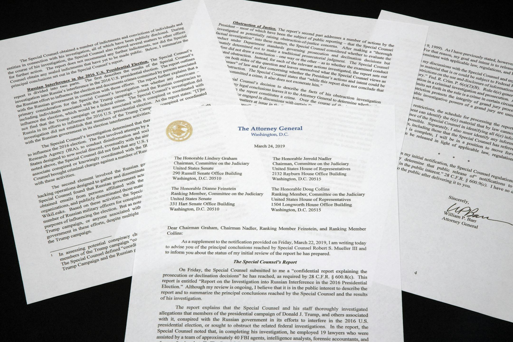 A copy of a letter from Attorney General William Barr advising Congress of the principal conclusions reached by Special Counsel Robert Mueller, is shown Sunday, March 24, 2019 in Washington. (AP Photo/Jon Elswick)