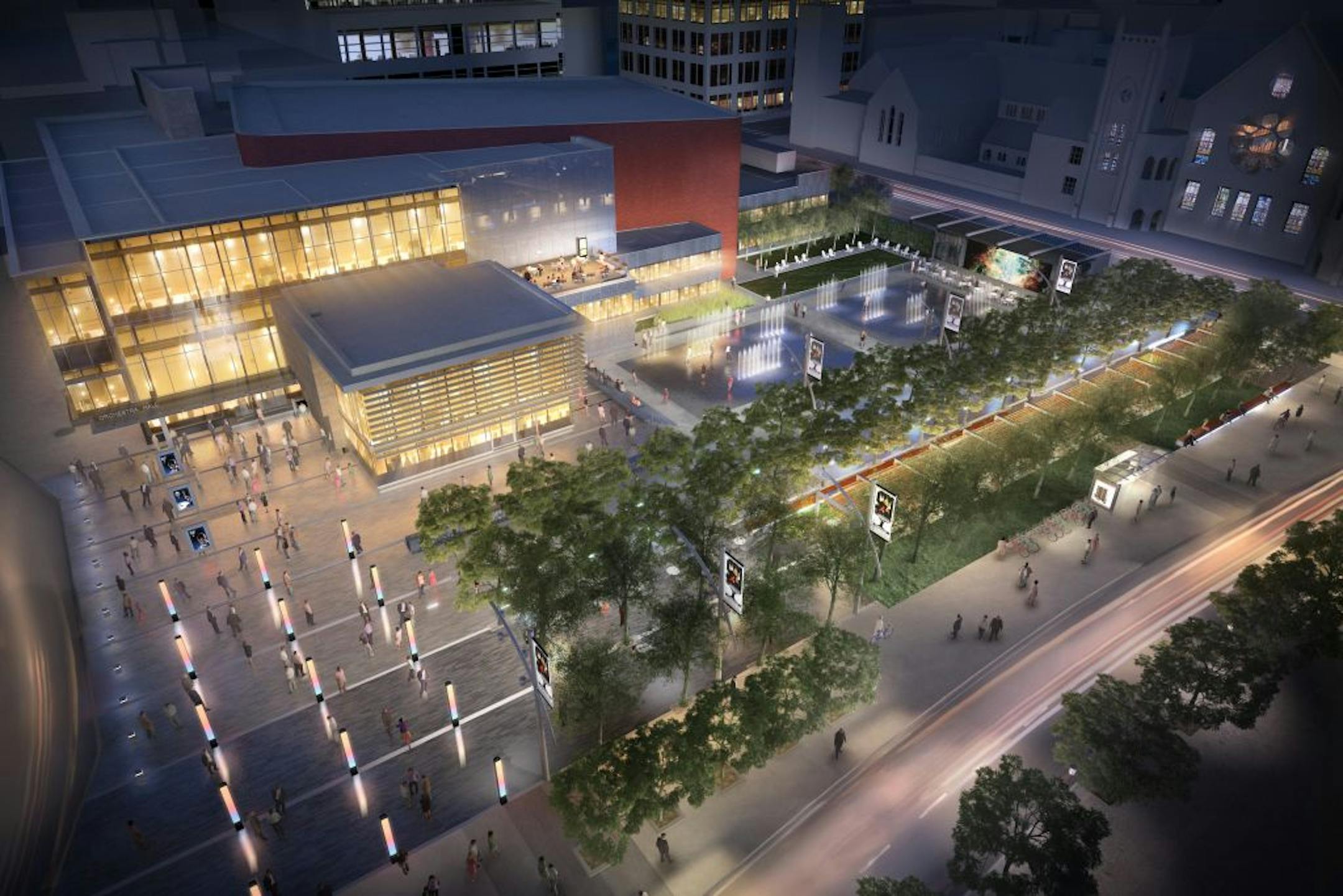 In this redesign plan for Peavey Plaza, the fountain is gone, but the plaza remains below street grade.