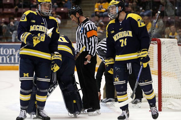 An official talked with Michigan Wolverines goaltender Hayden Lavigne (30) after he kicked the net off it's posts while making a save in the first per