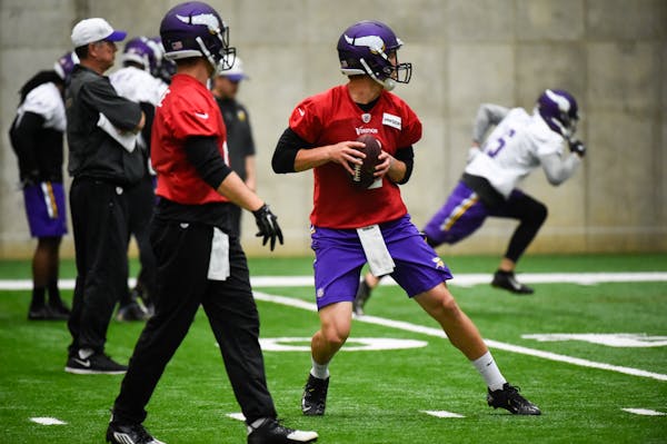 Minnesota Vikings quarterback Joel Stave works out in May.