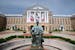 The Abraham Lincoln statue is pictured in front of Bascom Hall at the University of Wisconsin-Madison during spring on June 8, 2016. Hanging between t