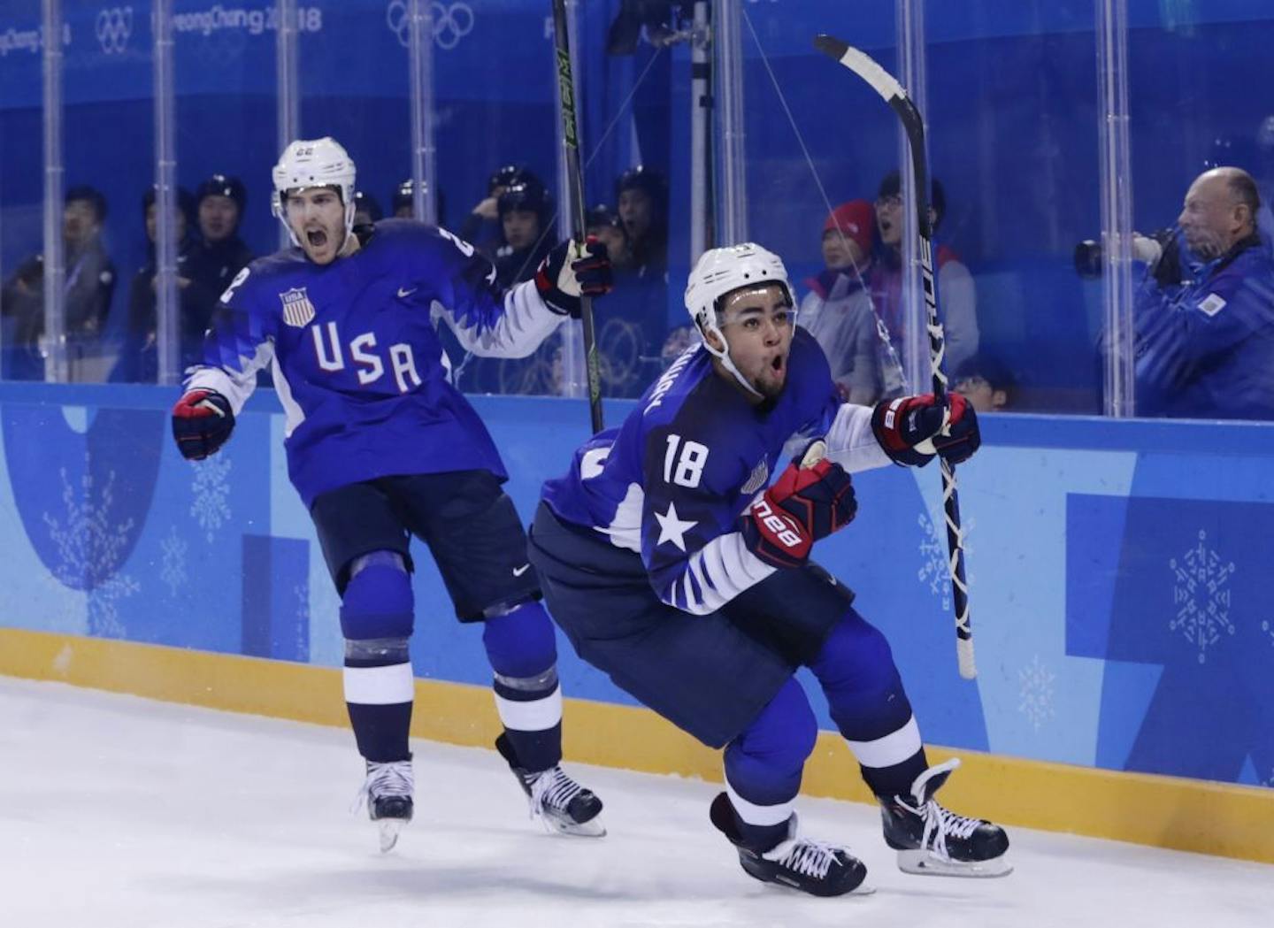 Jordan Greenway (18) celebrated a goal during the Olympics,