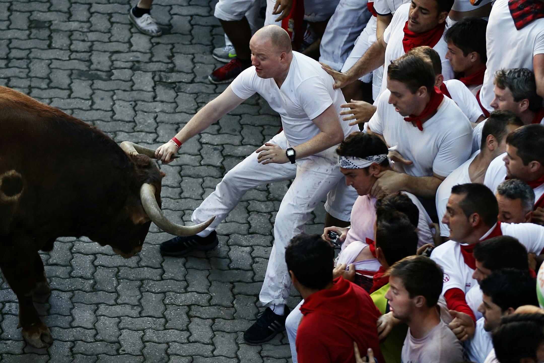 A reveler grabs the horn of an Alcurrucen's ranch fighting bull during the running of the bulls of the San Fermin festival, in Pamplona, Spain.