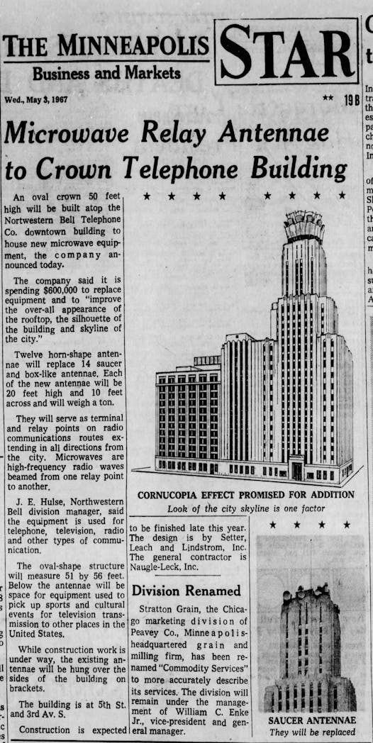 The Minneapolis Star from May 1967 announcing the new relay antenna's installation.