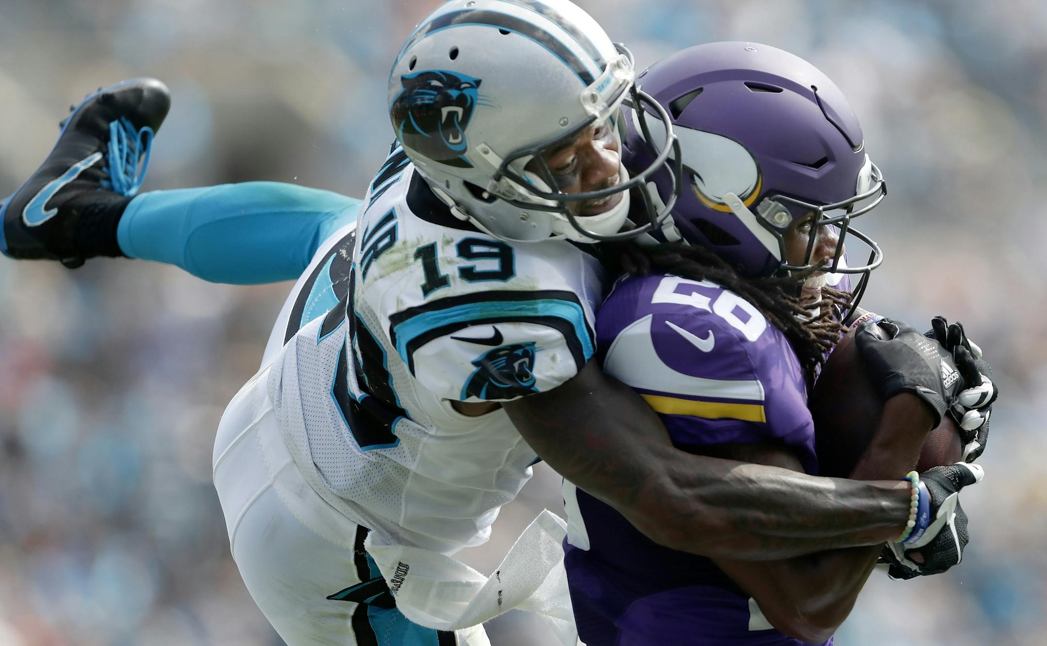 Trae Waynes (26) intercepted a pass intended for Ted Ginn Jr. (19) in the second quarter. ] CARLOS GONZALEZ cgonzalez@startribune.com - September 25, 2016, Charlotte, NC, Bank of America Stadium, NFL, Minnesota Vikings vs. Carolina Panthers