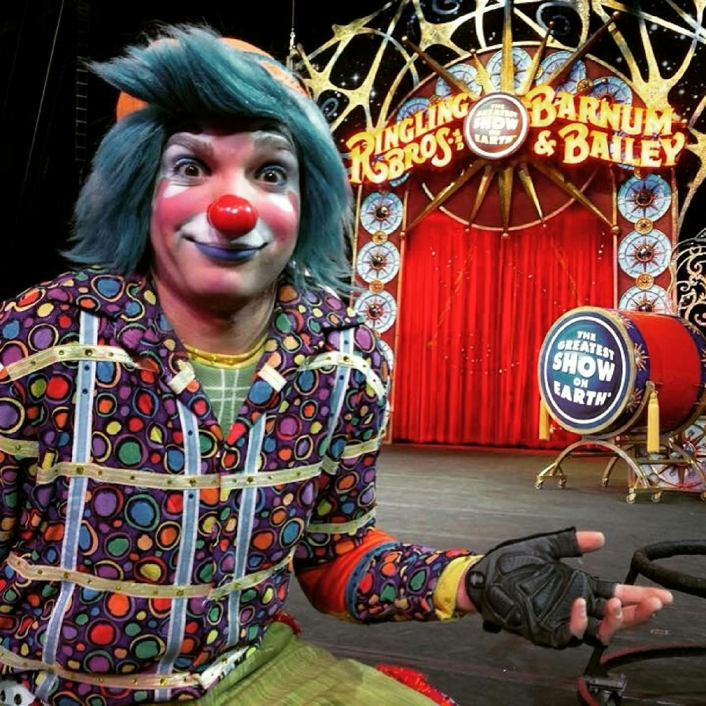 DJ Weiss poses in front of a Ringling Bros. and Barnum & Bailey Circus set in February 2015. Weiss, a Stillwater native, has been on tour as a clown since 2012.