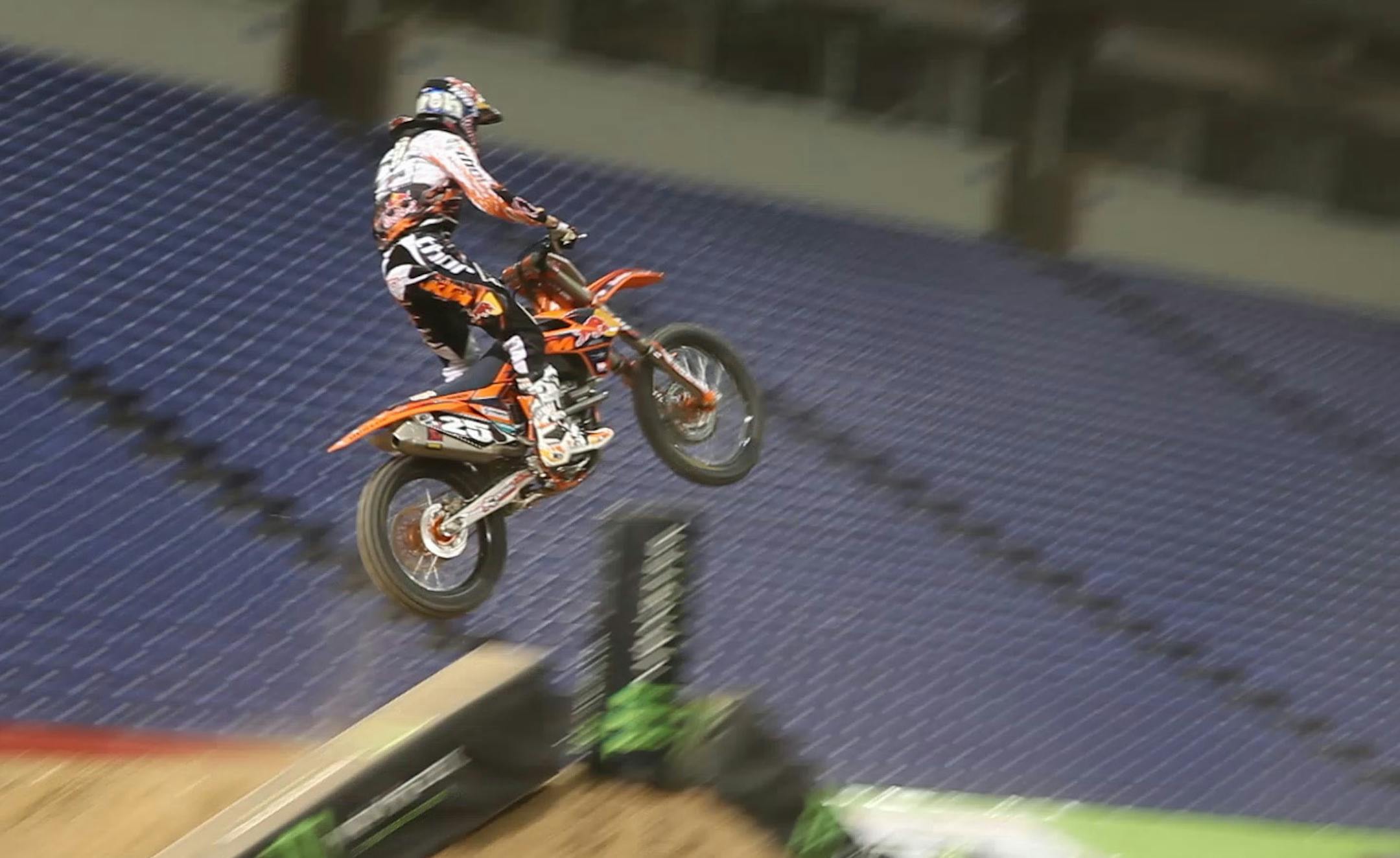 A rider tests out the track Friday morning in the Metrodome in Minneapolis. Preparation is underway for Saturday&#x201a;&#xc4;&#xf4;s Monster Energy Supercross race. ] MATT GILLMER/STAR TRIBUNE