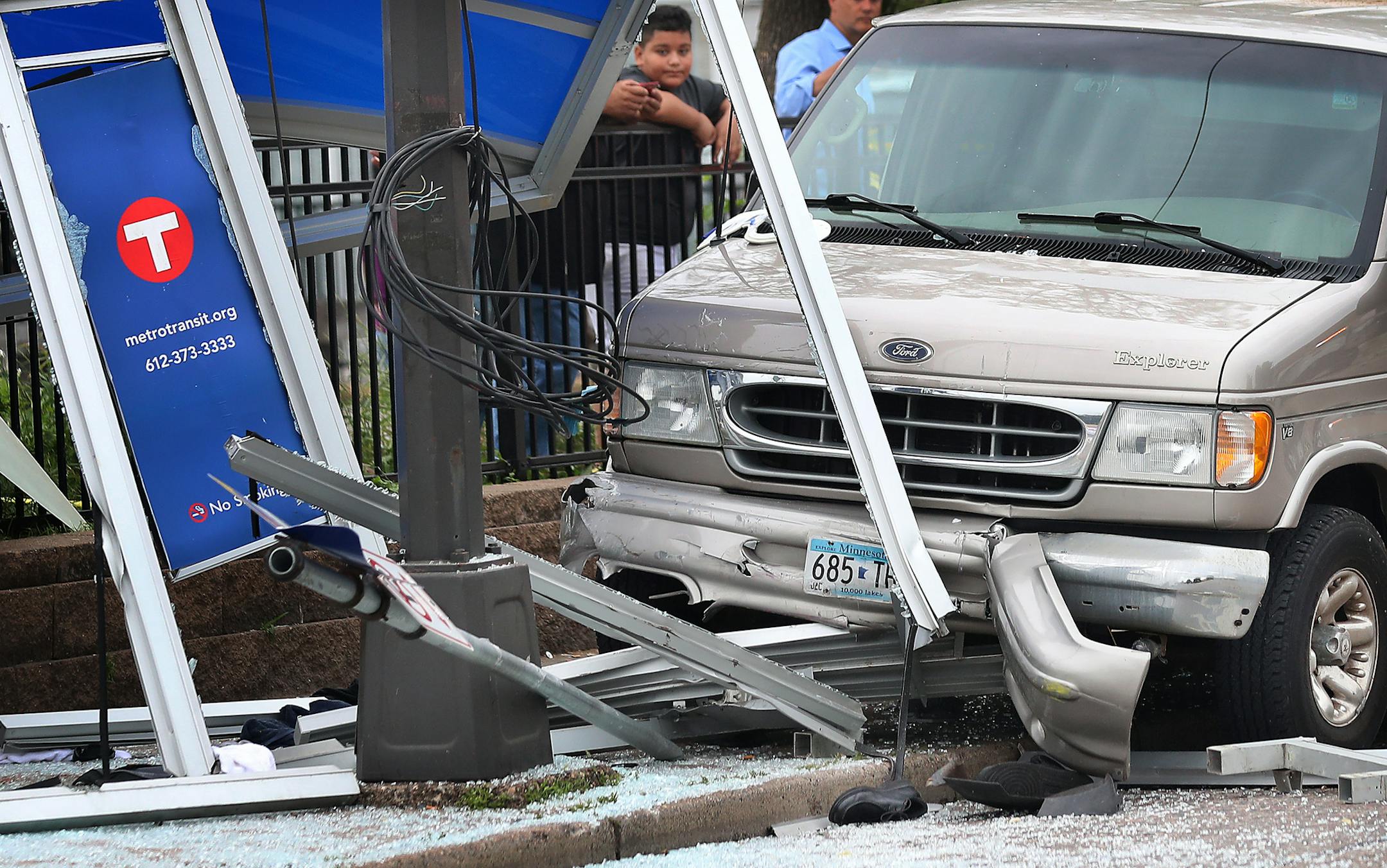 A van plowed into a bus shelter on Broadway Avenue N. near Lyndale Avenue, injuring several Tuesday, July 9, 2019, in Minneapolis, MN.] DAVID JOLES &#x2022; david.joles@startribune.com Minneapolis Police say injuries were reported after a crash at a bus stop Tuesday morning.