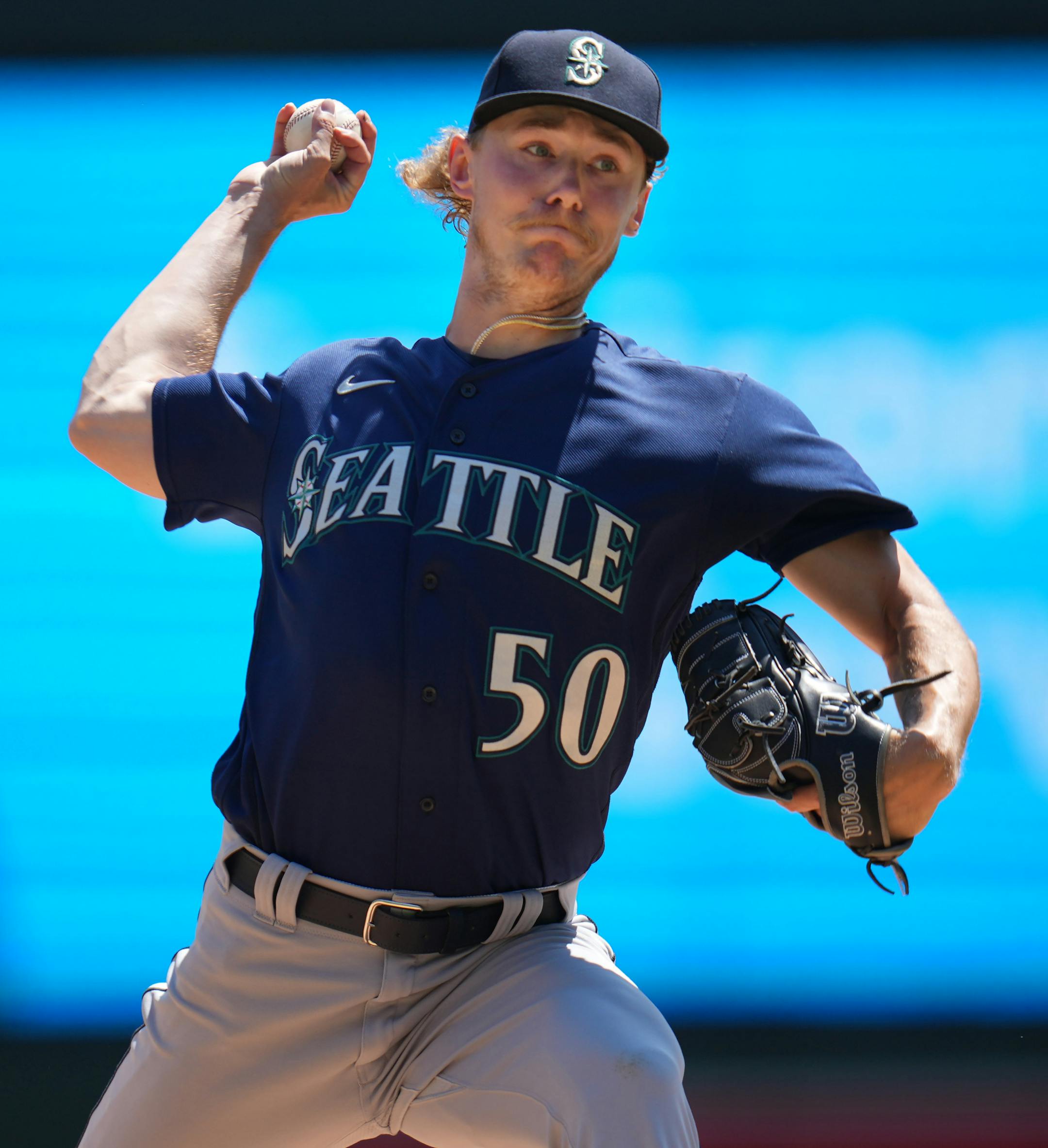 Seattle Mariners starting pitcher Bryce Miller (50) starts the game in Minneapolis, Minn.
