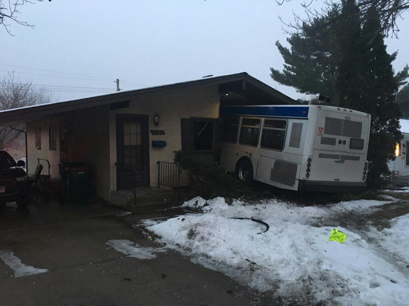 Columbia Heights Fire Department photo: A bus caused extensive damage to a house in Columbia Heights Friday.