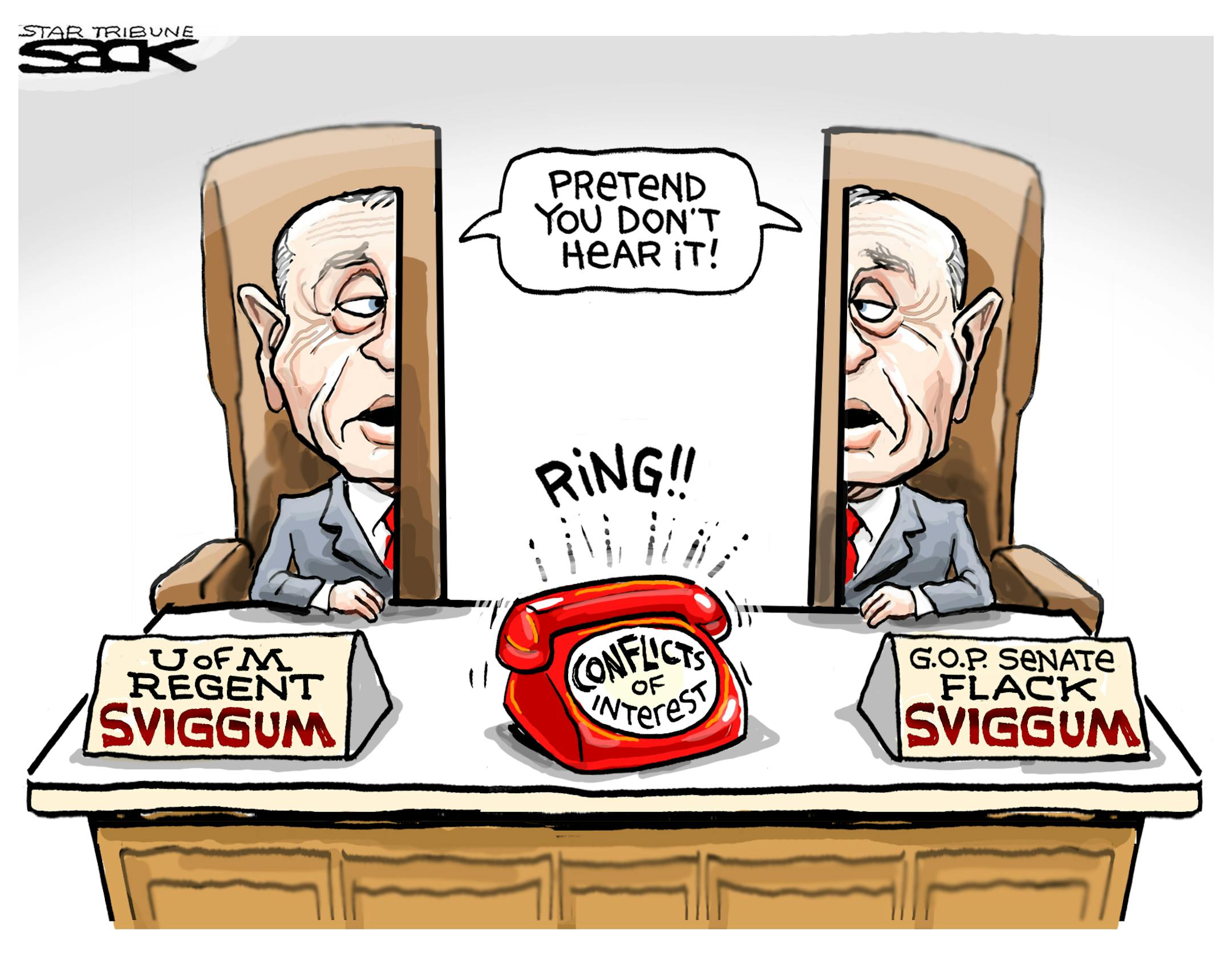 Steve Sack editorial cartoon for March 2, 2012. Topic: Steve Sviggum's conflicting posts as U regent and as GOP Senate caucus staffer.