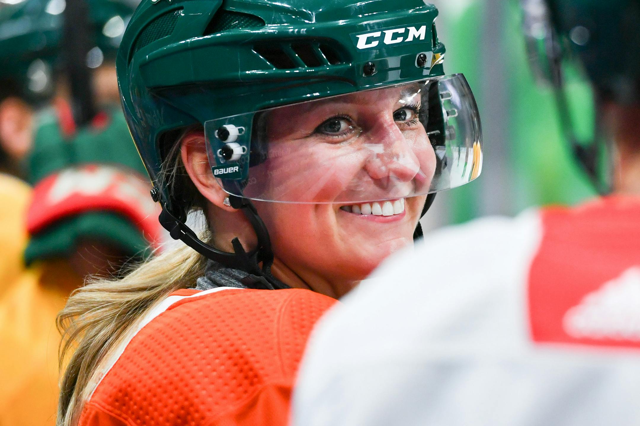 In celebration of the second annual Minnesota Wild Girls Hockey Weekend, former Golden Gopher women's hockey player and U.S. Olympian Krissy Wendell-Pohl practiced with the Minnesota Wild on Friday. ] GLEN STUBBE ï glen.stubbe@startribune.com Friday, December 15, 2017 In celebration of the second annual Minnesota Wild Girls Hockey Weekend, former Golden Gopher women's hockey player and U.S. Olympian Krissy Wendell practiced with the Minnesota Wild.