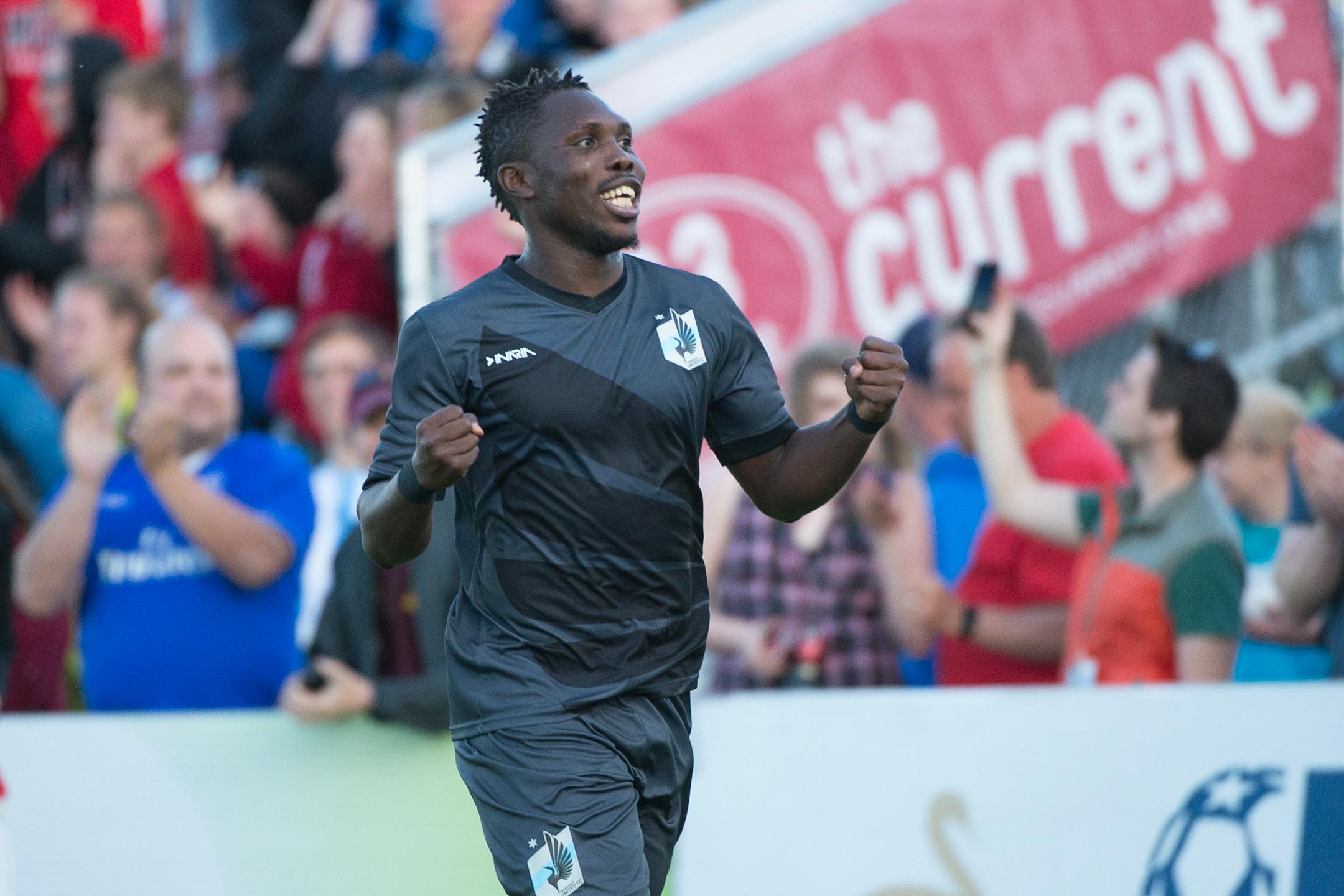 Minnesota United FC midfielder Kalif Alhassan (shown during a May game against Atlanta) scored United's only goal by putting a free kick into the lower left corner off the post, 10 minutes into the game.