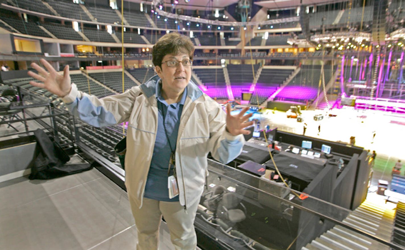 Known for her charisma and energy, Republican National Convention CEO Maria Cino toured the Xcel Center as workers put the stage together and worked on lighting. "Hey, guys, 20 days!" she said to workers recently as she made her way through building.