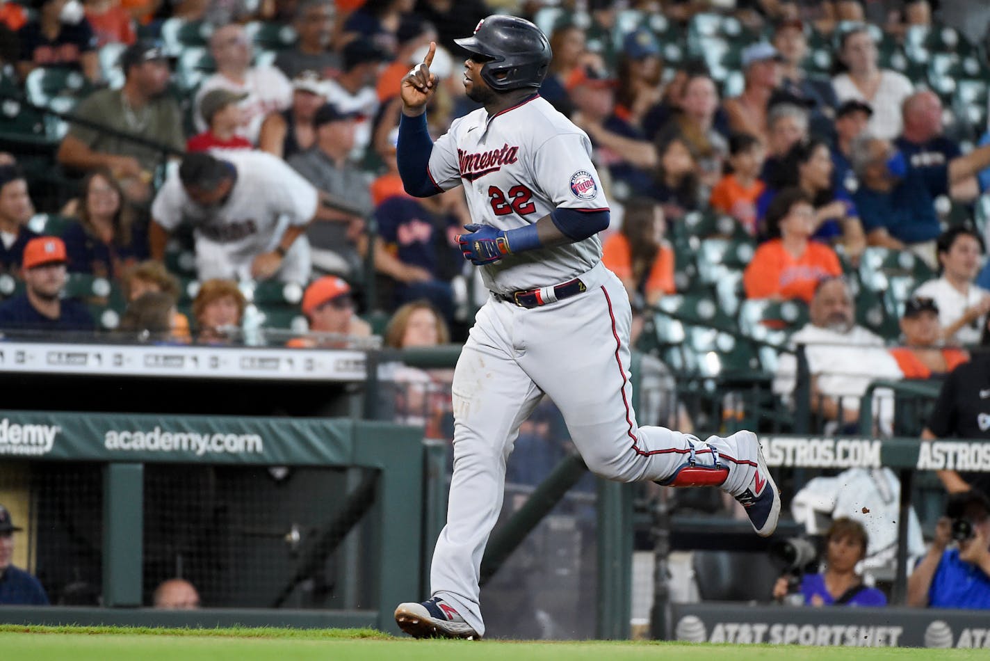 Minnesota Twins' Miguel Sano reacts after hitting a two-run home run during the fourth inning of a baseball game against the Houston Astros, Sunday, Aug. 8, 2021, in Houston. (AP Photo/Eric Christian Smith)