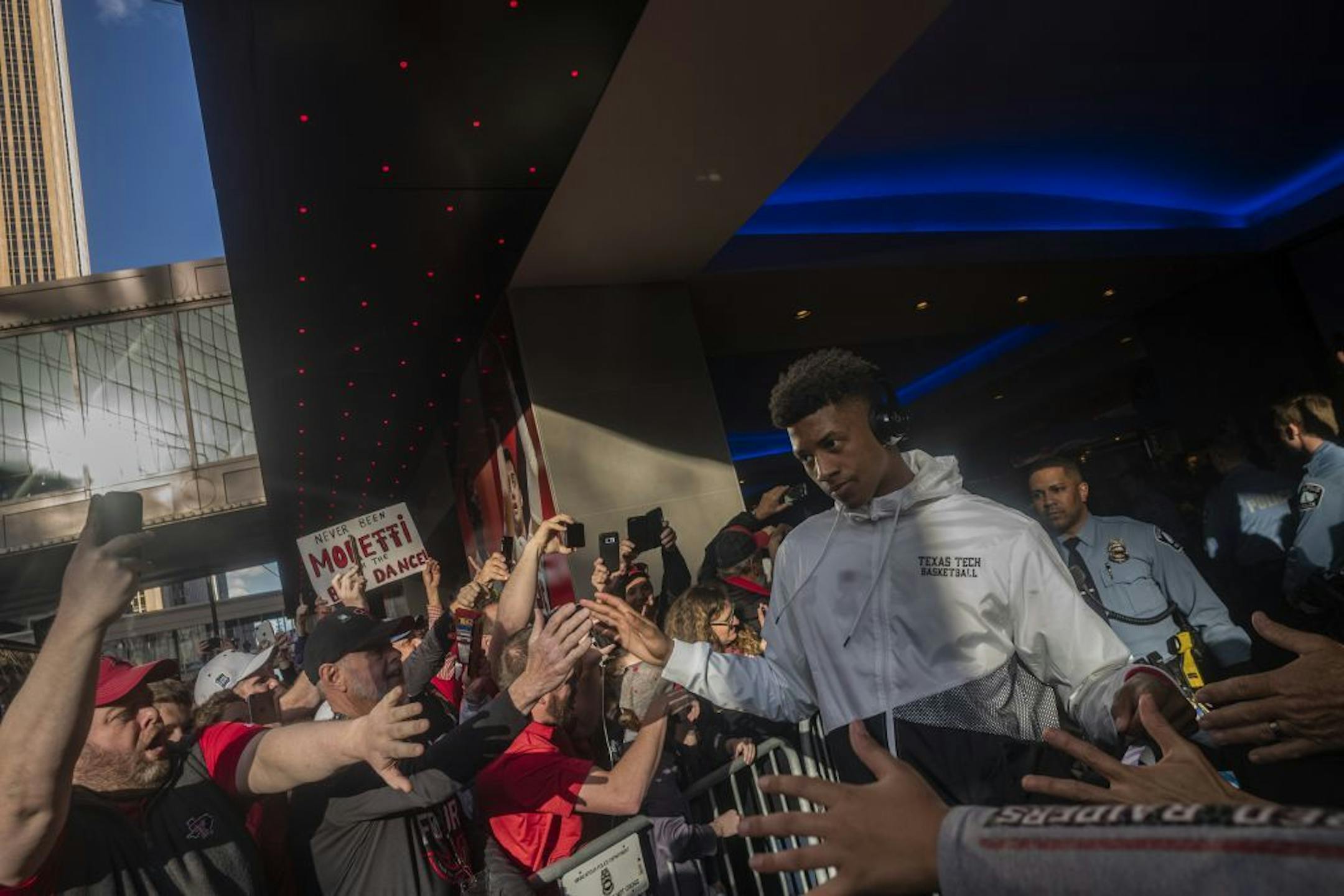 Texas Tech fans send their players off including Jarrett Culver as they head to U.S. Bank Stadium to face Virginia in the NCAA men basketball championship game.