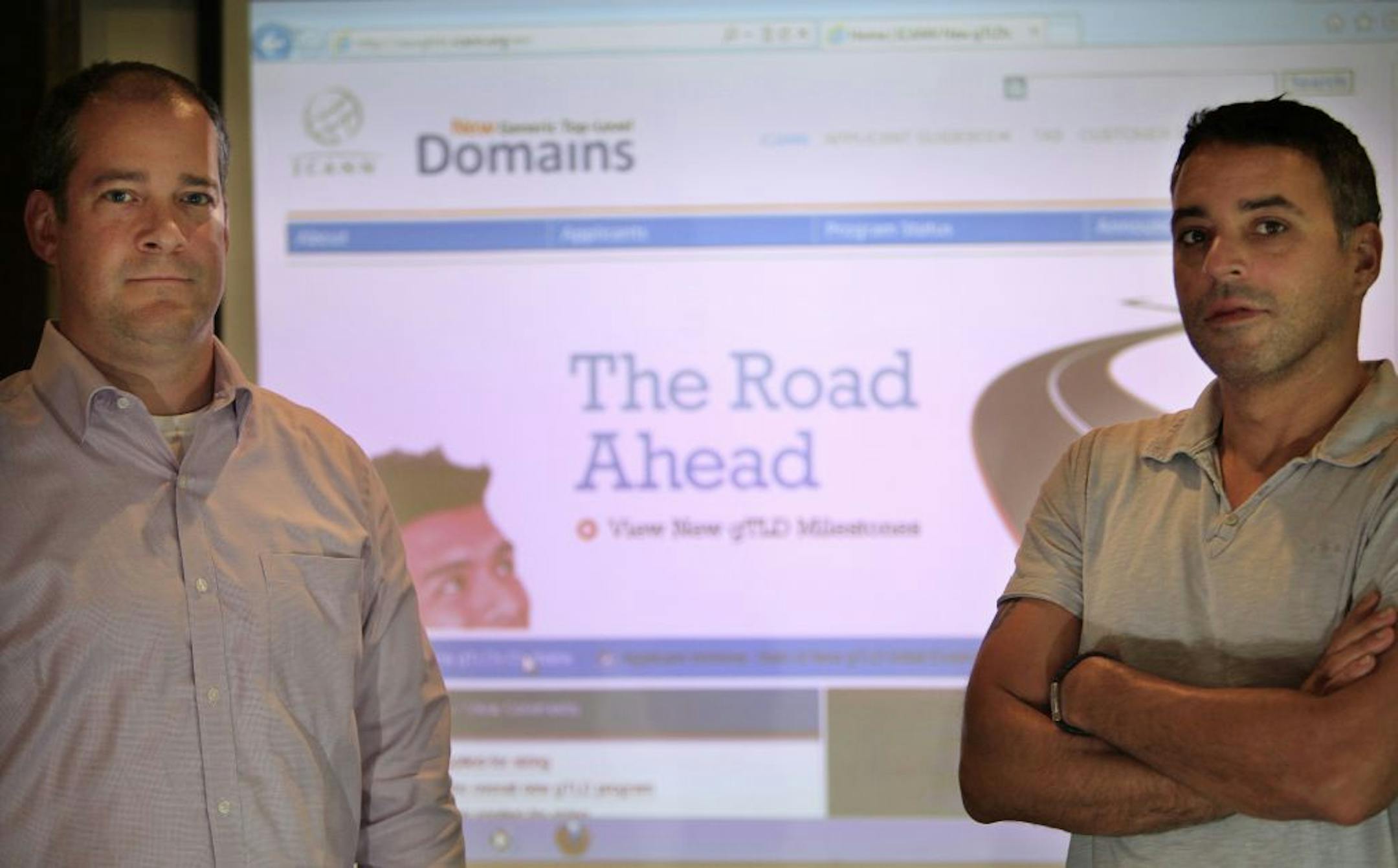 Jon Schindle (left) is an attorney who helps clients with domain names on the internet. Miquel Fiol ( right) runs a consulting business in the same area. St. Louis Park, MN. August 29, 2012.